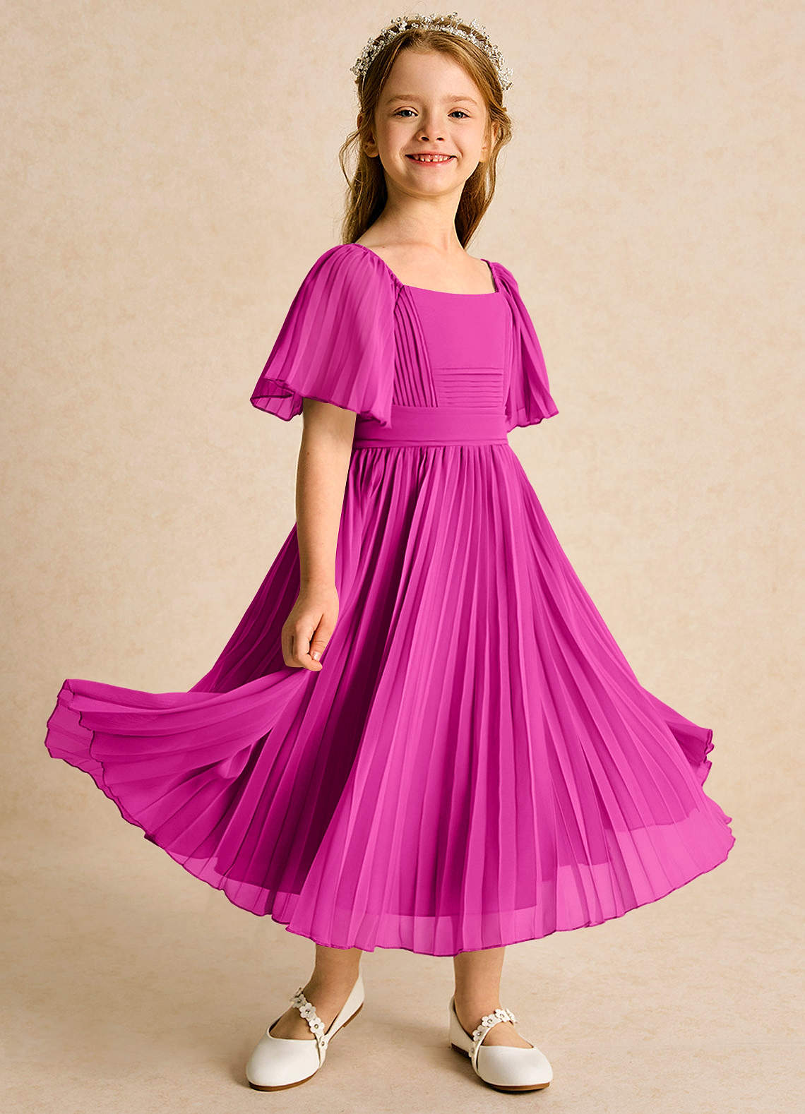 Azazie Gisele Abiti da Ragazza di Fiori Abito A-Line in Chiffon Plissettato Fucsia image1