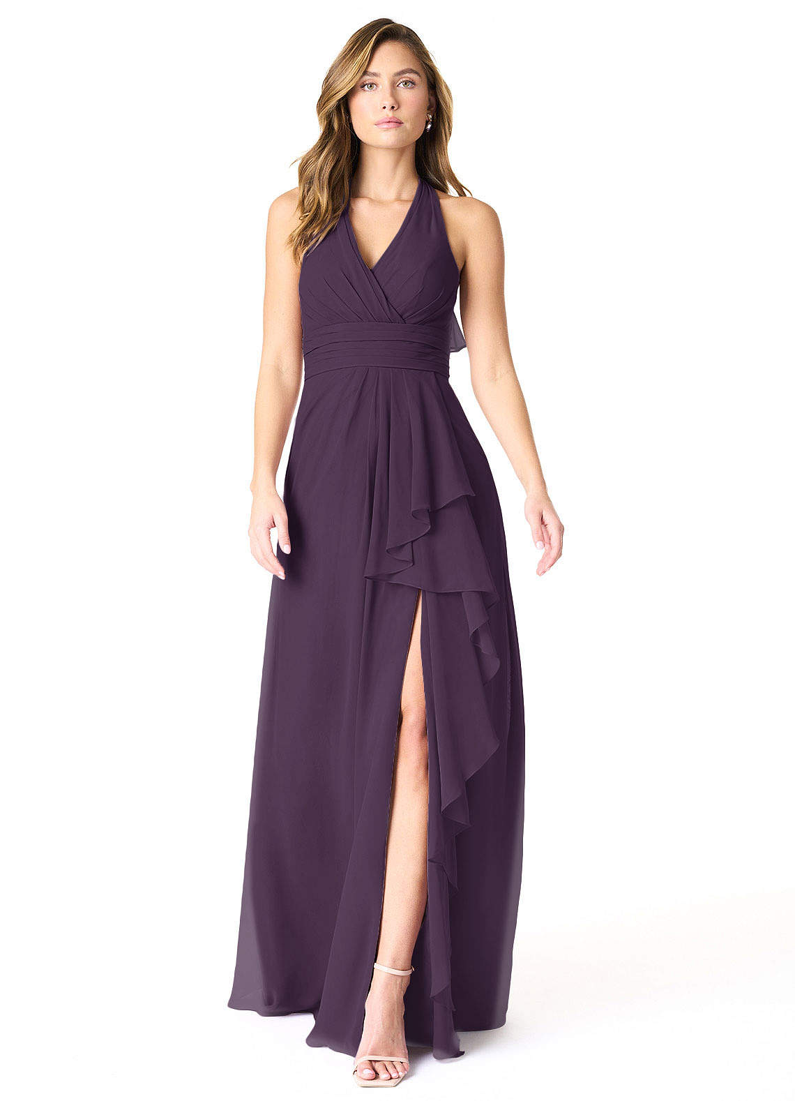 Azazie Aviv Robes de demoiselle d'honneur Robe Trapèze en Mousseline de soie Plissée Prune image1