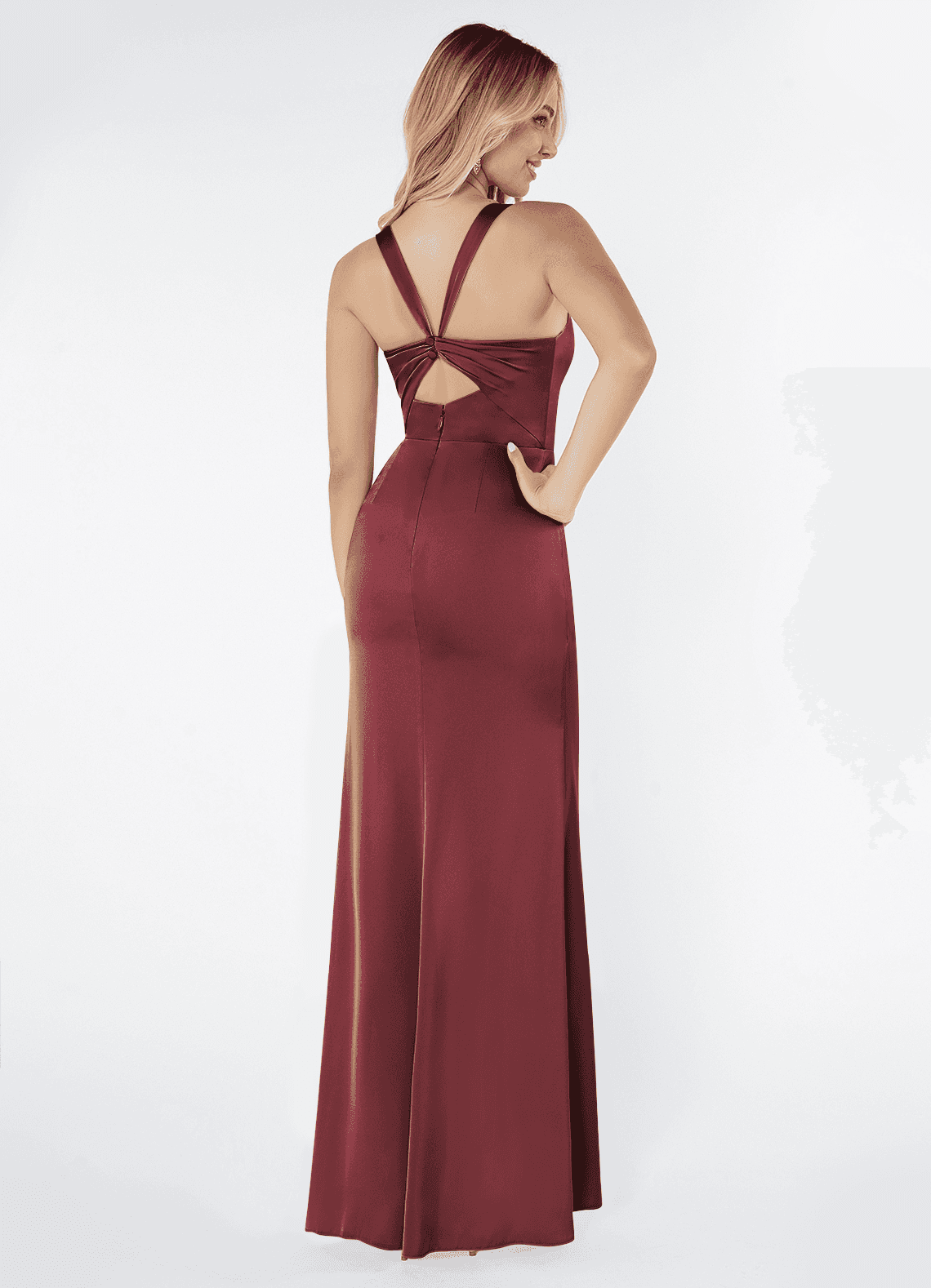 Azazie Mero Bridesmaid Dresses Merlot Sheath Pleated Stretch Satin Dress image2