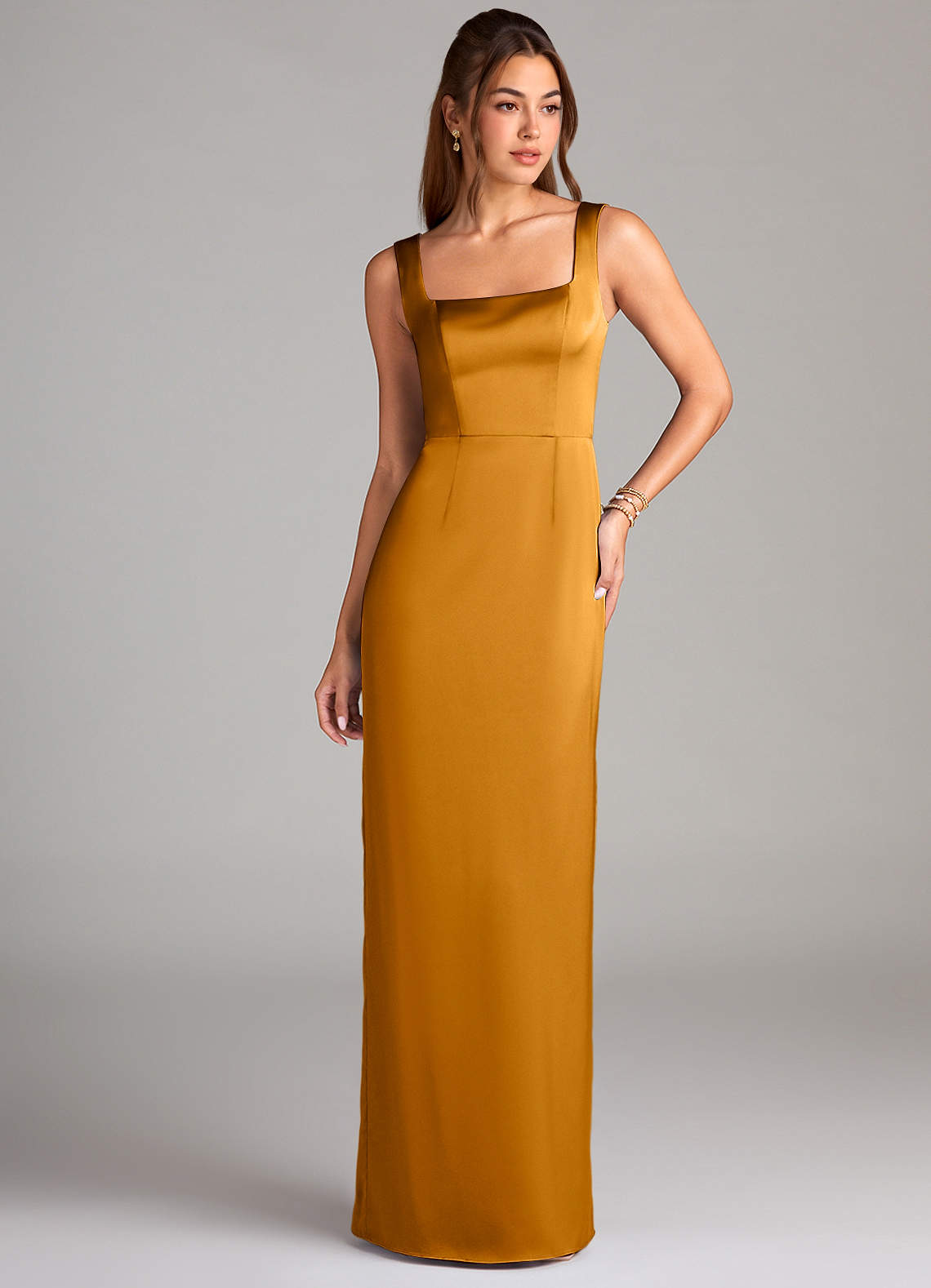 Azazie Flori Bridesmaid Dresses Butterscotch Sheath Side Slit Stretch Satin Dress image1