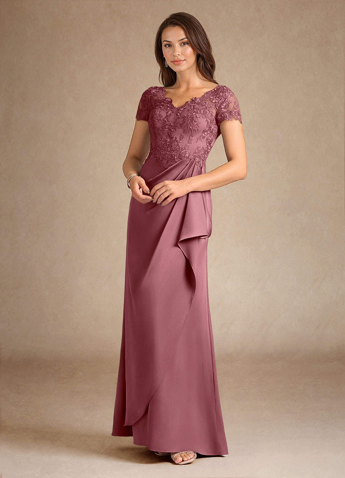 Azazie Santa Ana vestidos de madre de la novia Vestido de Rosa Del Desierto de Satén Elástico de Corte En A con Encaje image6