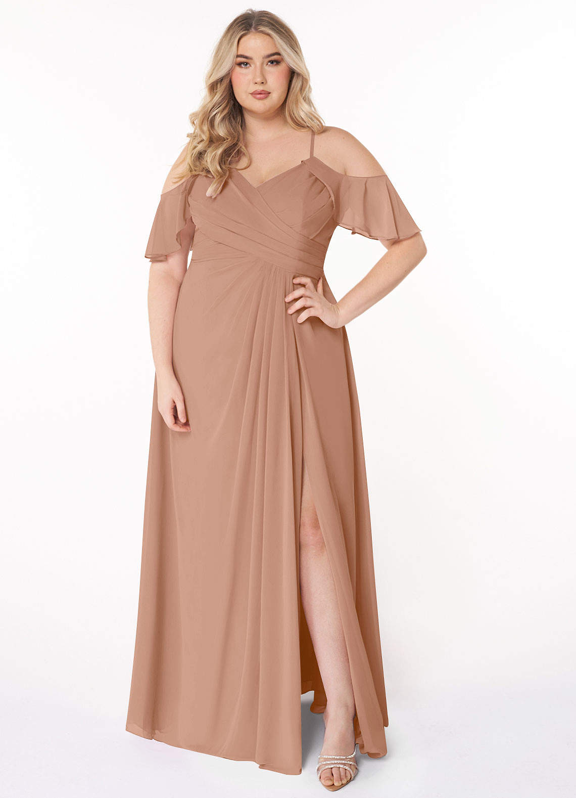 Azazie Dakota Bridesmaid Dresses Champagne Rose A-Line V-Neck Pleated Chiffon Dress image1