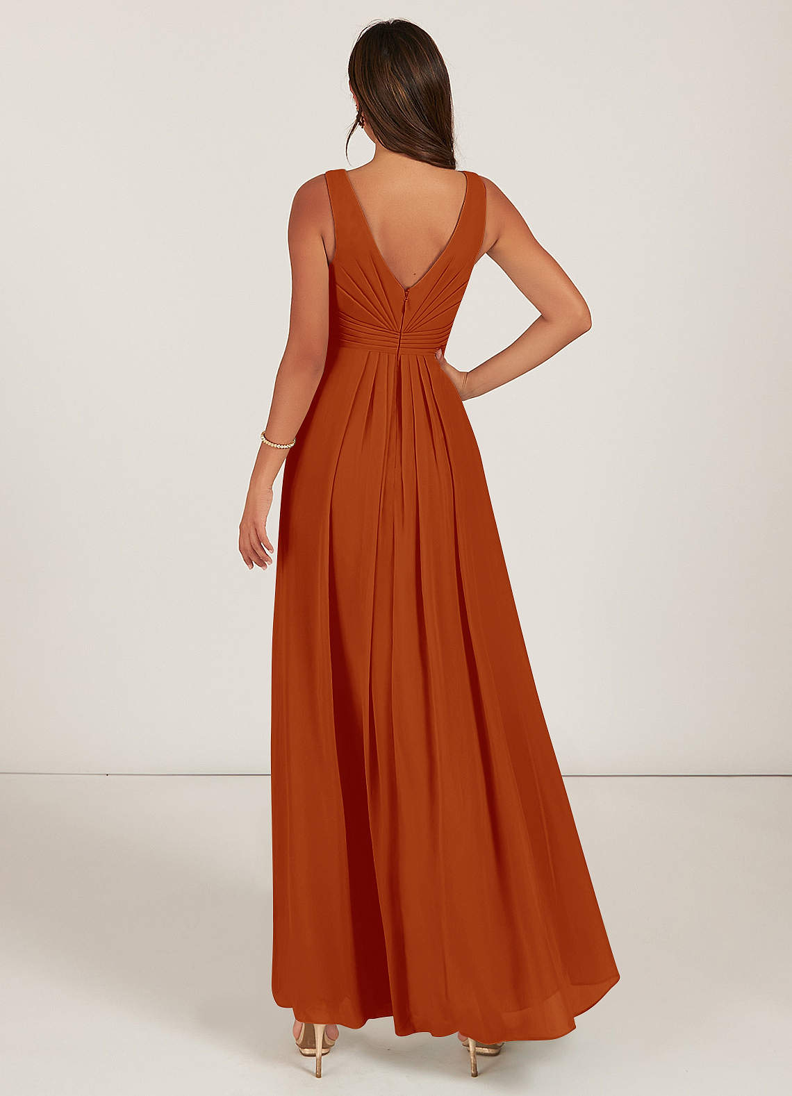 Azazie Gina Bridesmaid Dresses A-Line V-Neck Pleated Chiffon Floor-Length Dress image1