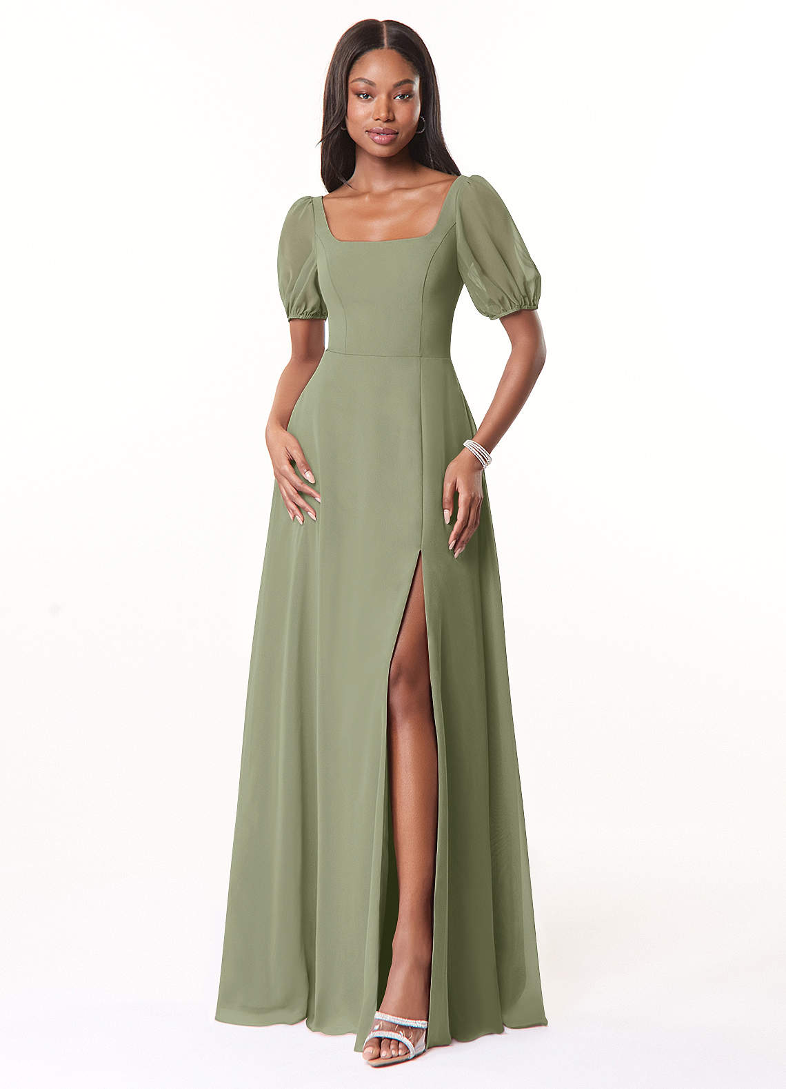 Azazie Alani At-home Try On Dresses Wisteria A-Line Square Neckline Chiffon Dress image1
