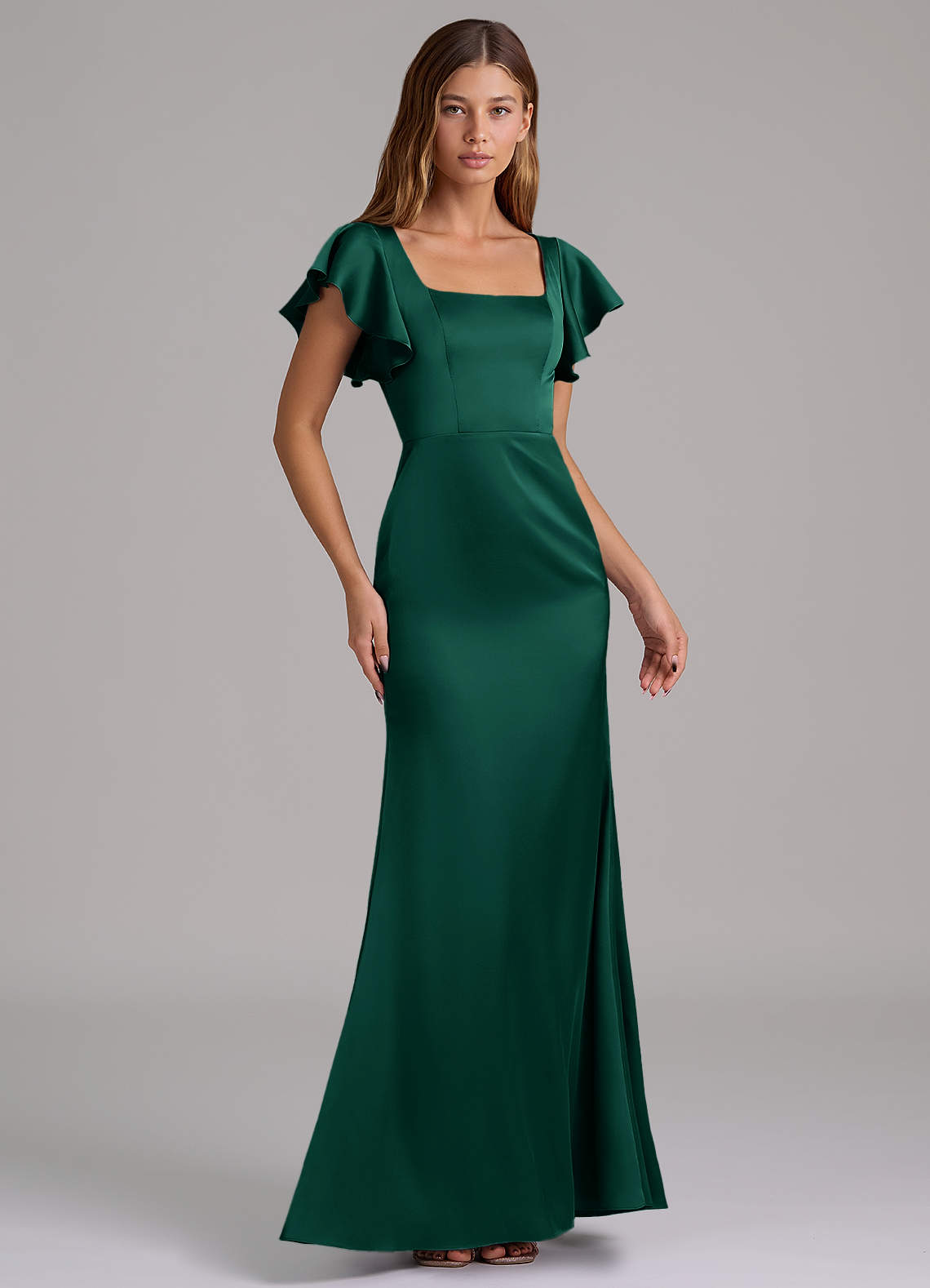 Azazie Elkie Vestidos de madrinha de casamento Vestido Esmeralda de Cetim elástico de sereia com Decote Quadrado image3