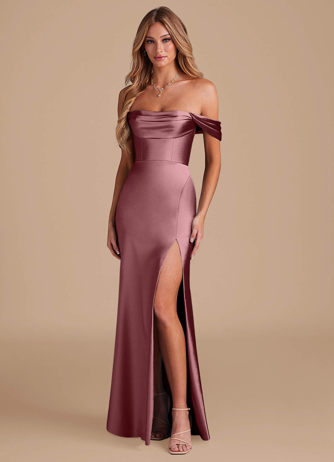 Azazie Saige Bridesmaid Dresses Vintage Mauve A-Line Off the Shoulder Metallic Satin Convertible Dress image1