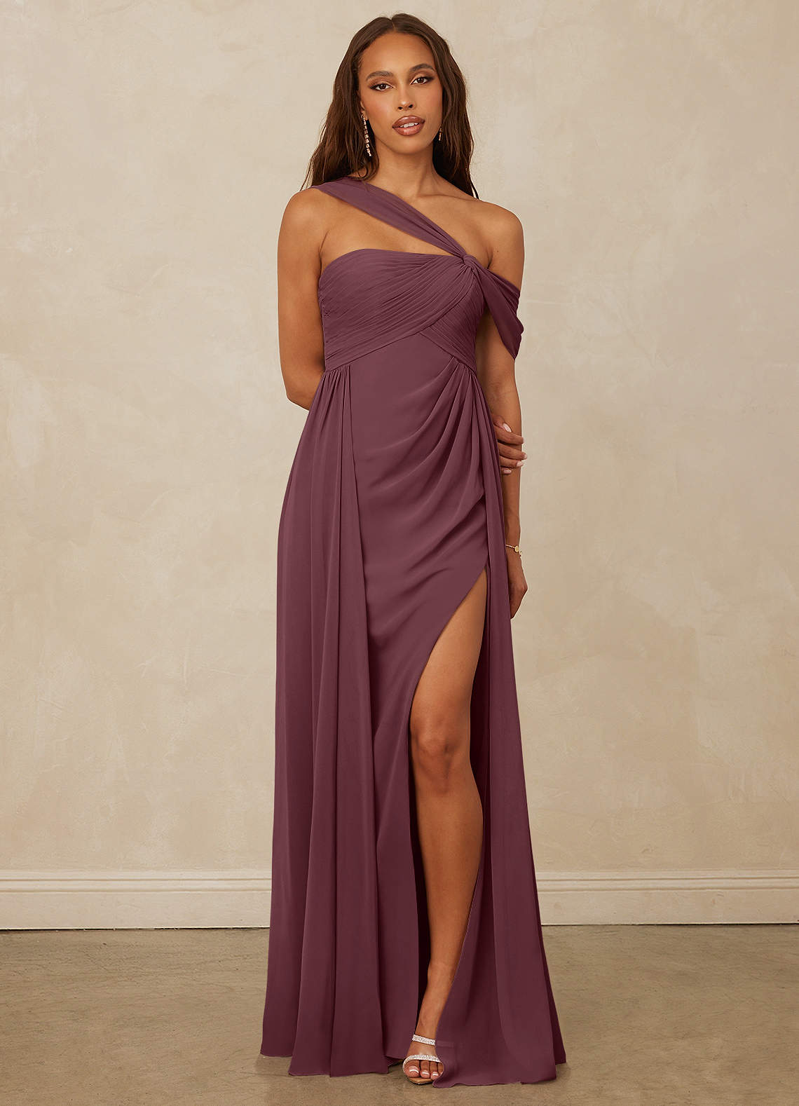 Christian Siriano Bridal for Azazie 1014 Bridesmaid Dresses Sangria A-Line Off the Shoulder Chiffon Dress image1