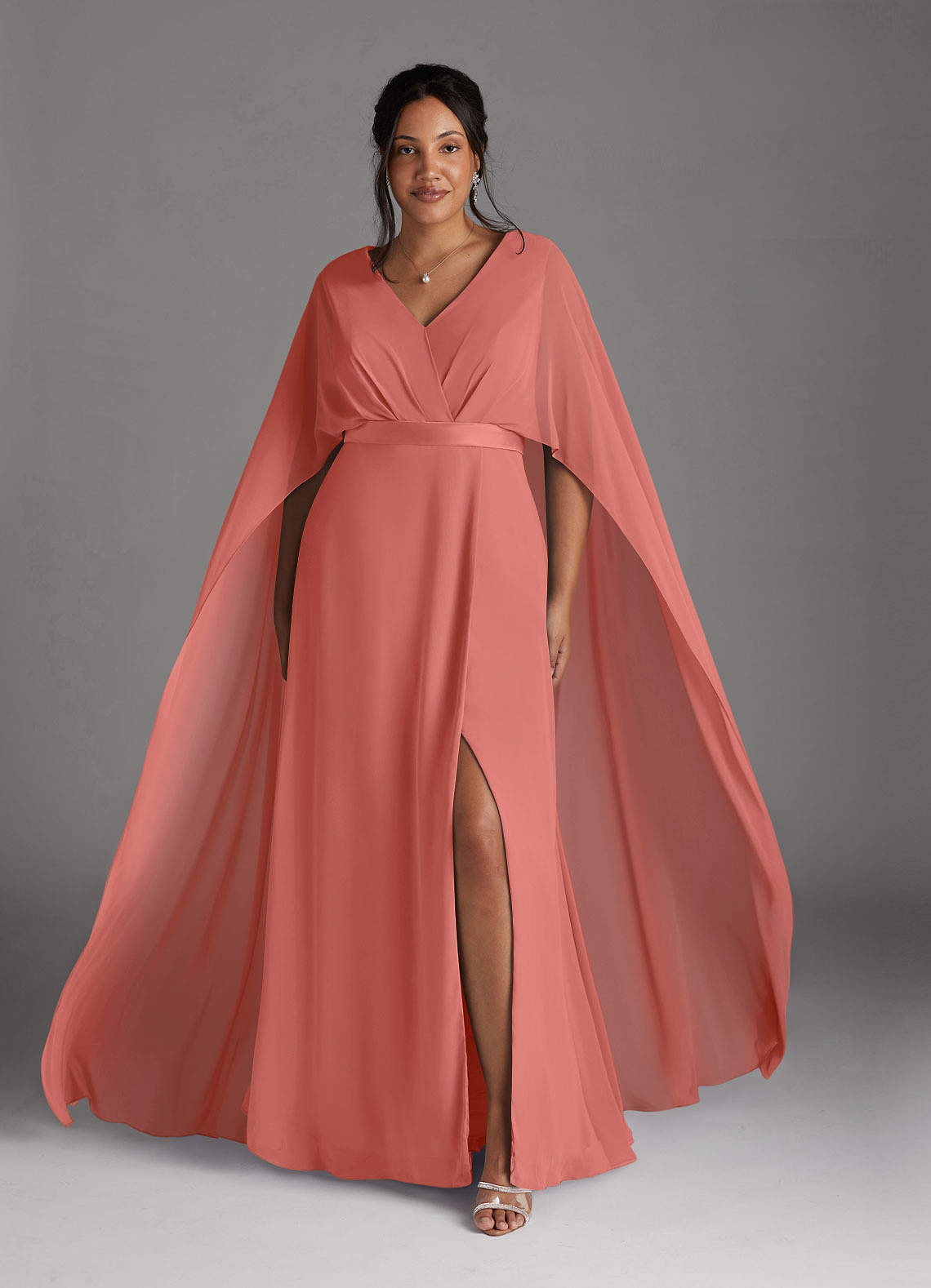 Azazie Isa Mother of the Bride Dresses Salmon Pink A-Line V-Neck Pleated Chiffon Dress image1