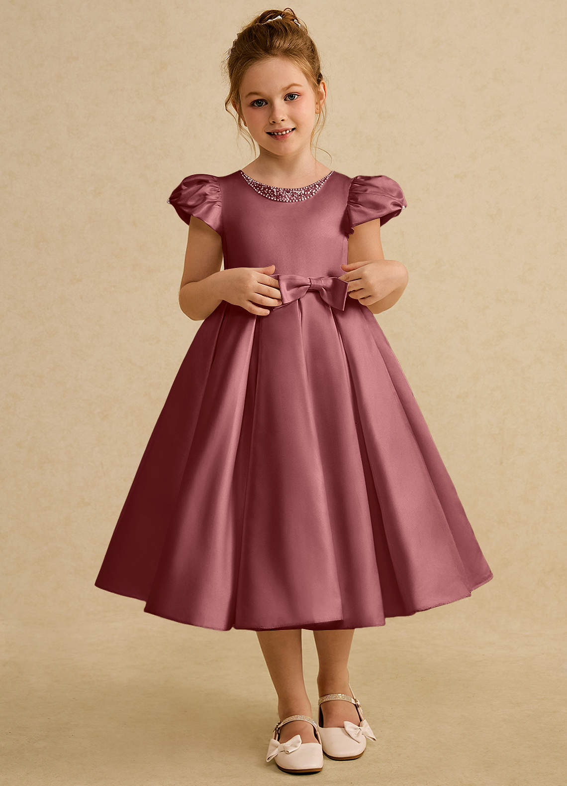 Azazie Pearl Robe Demoiselle D'honneur Fillette Robe Princesse en Mat Satiné Plissée Améthyste image1