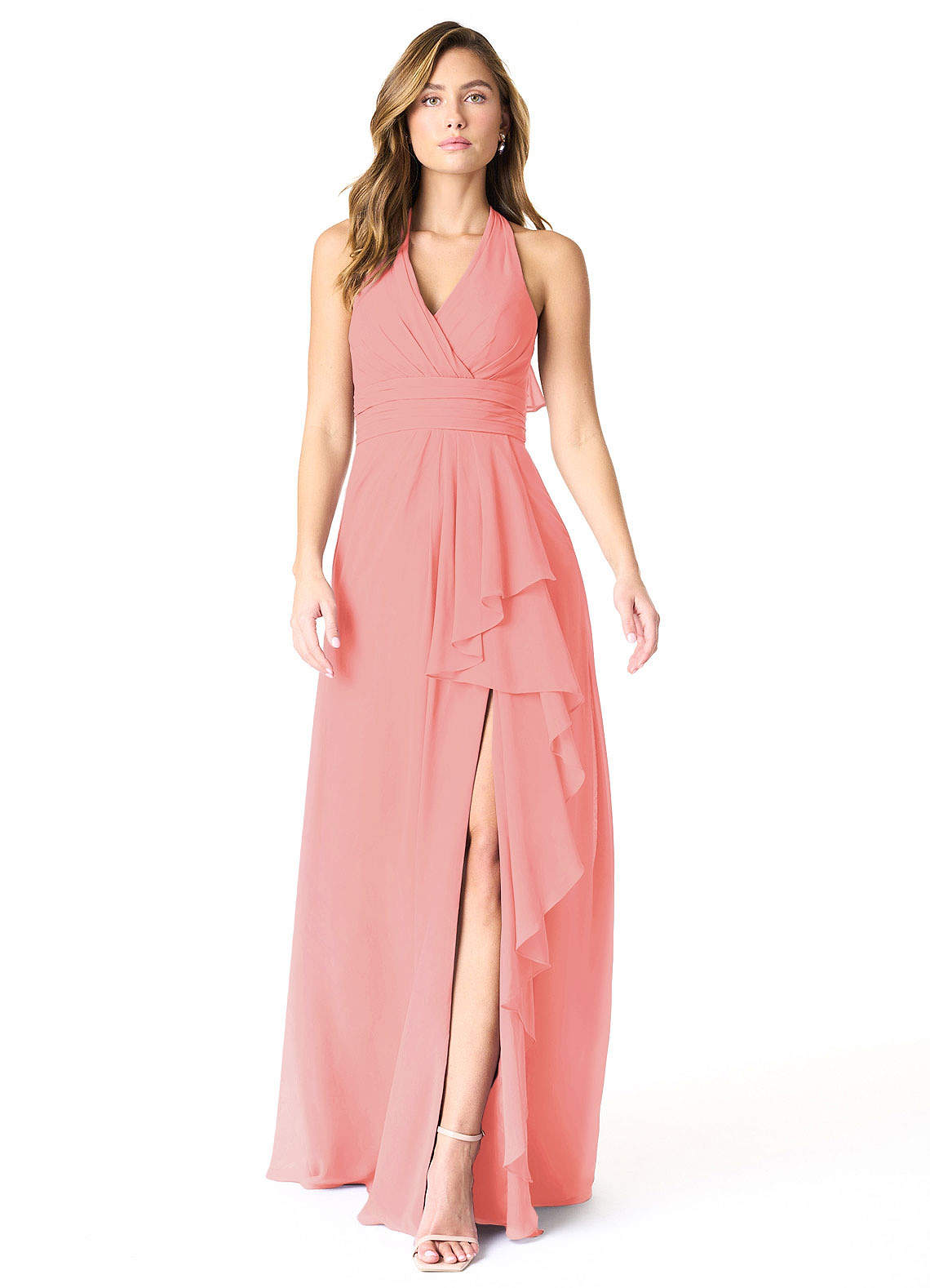 Azazie Aviv Bridesmaid Dresses Coral A-Line Pleated Chiffon Dress image1