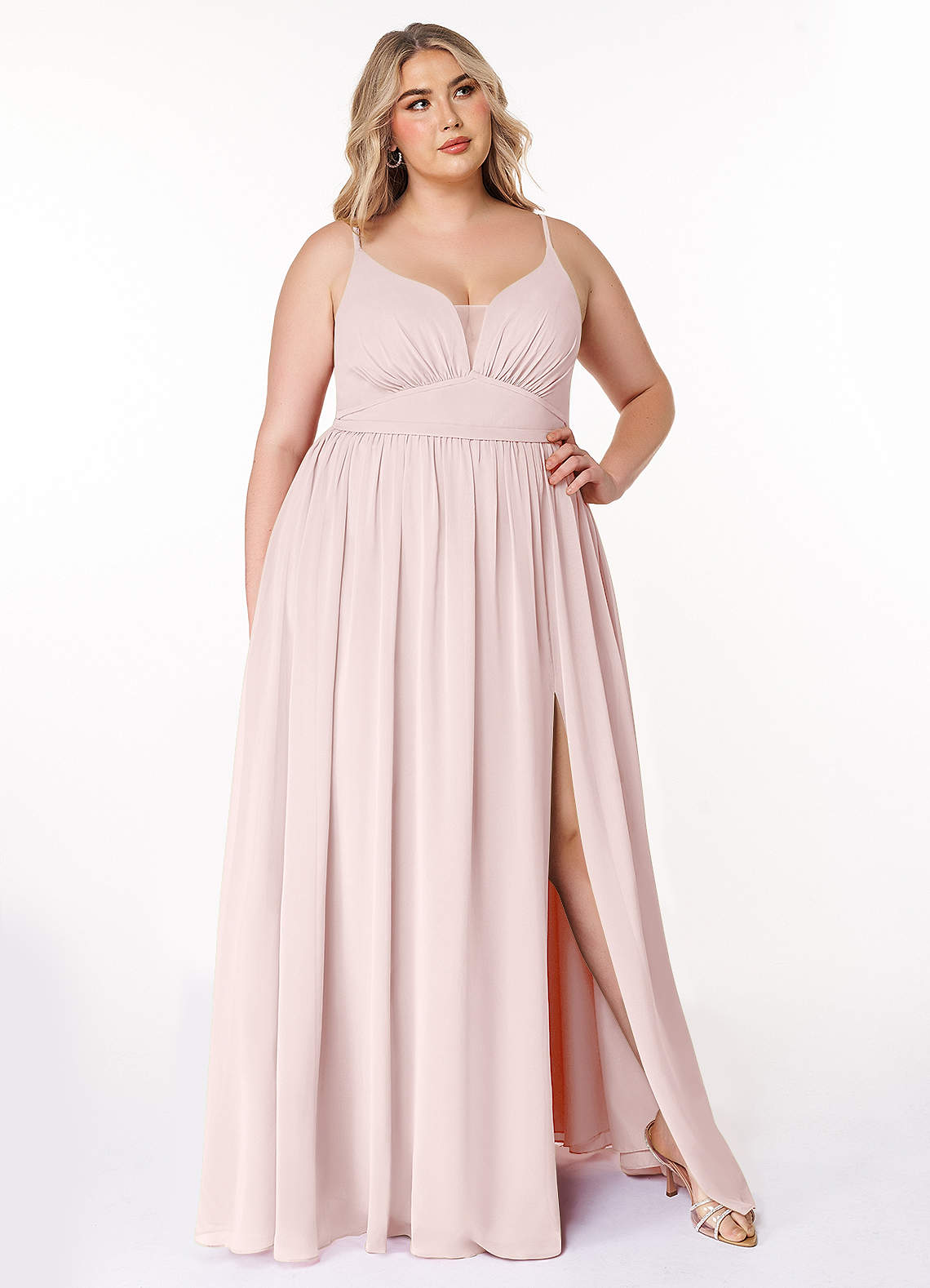 Azazie Rayna Bridesmaid Dresses Blushing Pink A-Line V-Neck Pleated Chiffon Dress image1