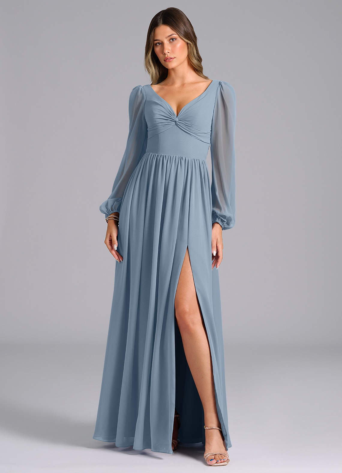 Azazie Zeya Bridesmaid Dresses Dusty Blue A-Line Long Sleeve Chiffon Dress image3