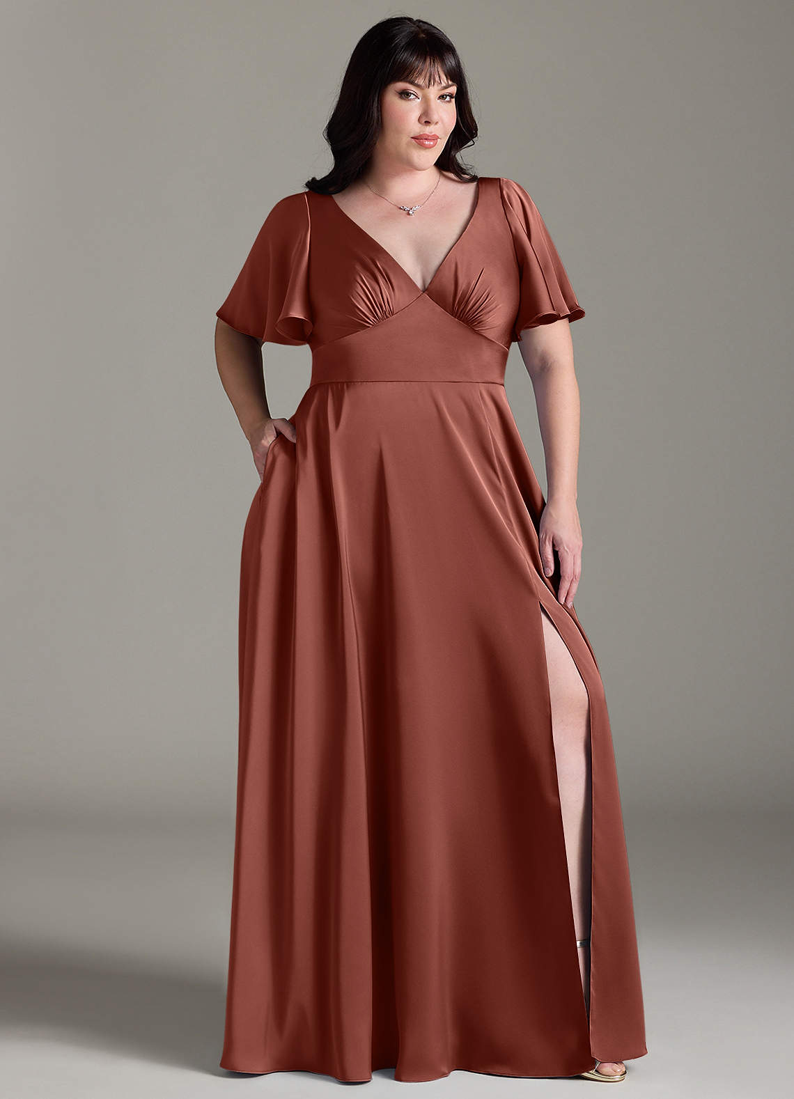 Azazie Kimber Bridesmaid Dresses Auburn A-Line Ruched Stretch Satin Dress image8