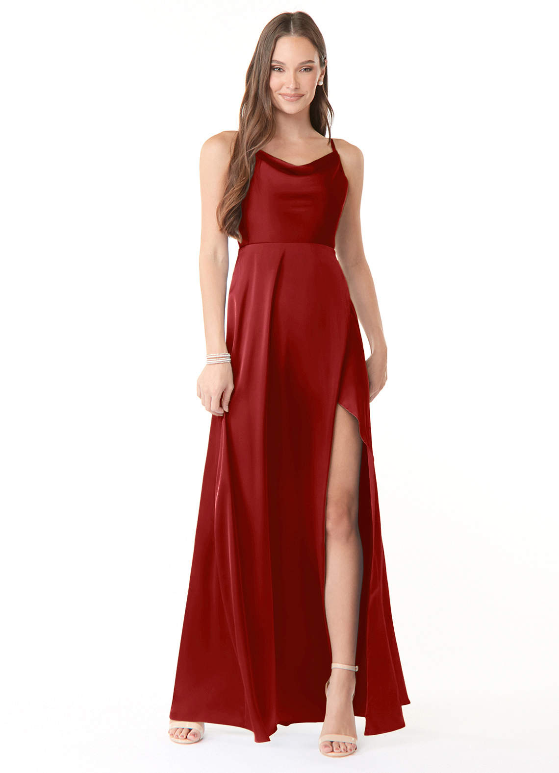 Azazie Naomie Bridesmaid Dresses Pomegranate A-Line Cowl Neckline Side Slit Stretch Satin Dress image1