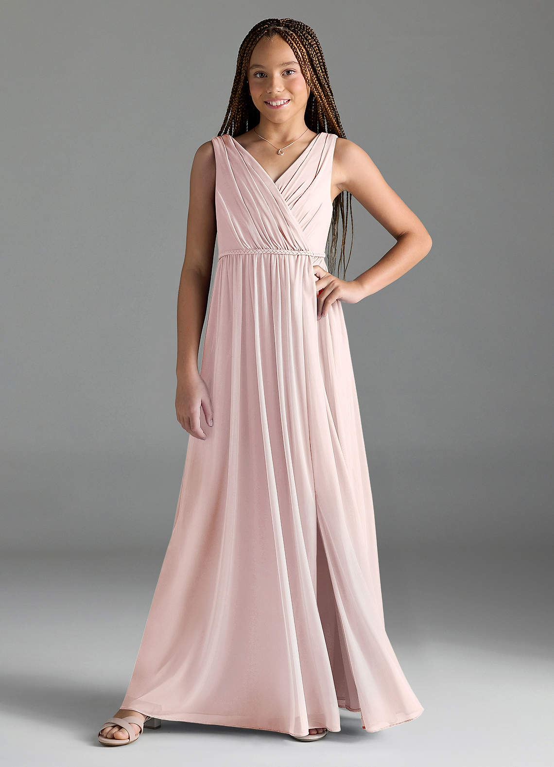 Azazie Tanicia Junior Blushing Pink A-Line Mesh Dress image1