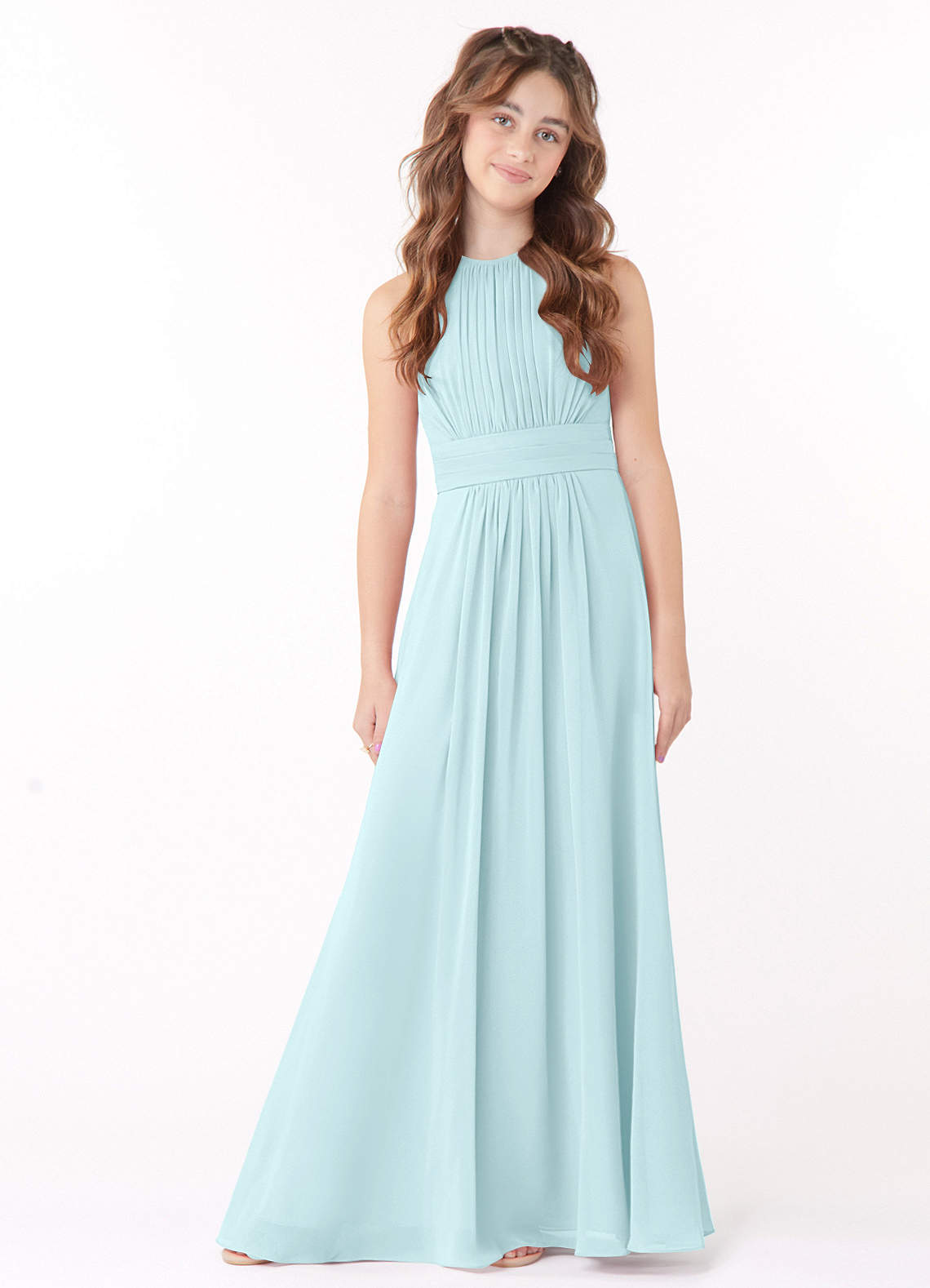 Azazie Bonnie Junior Sea Glass A-Line Pleated Chiffon Dress image1