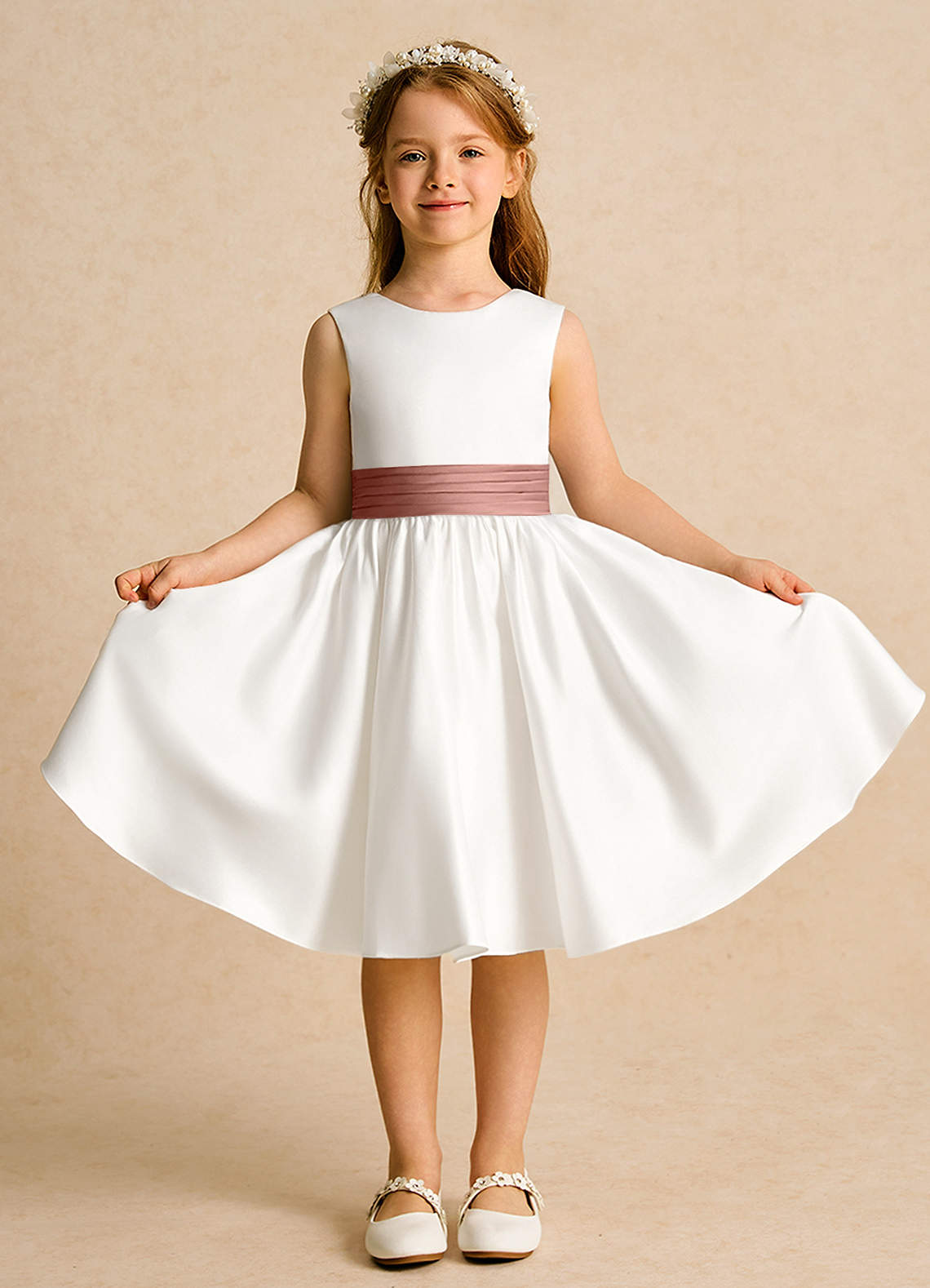 Azazie Sosie vestidos de niña de las flores Vestido de Marfil Rosa De Cedro de Satin Mate de Corte En A con Plisado image1
