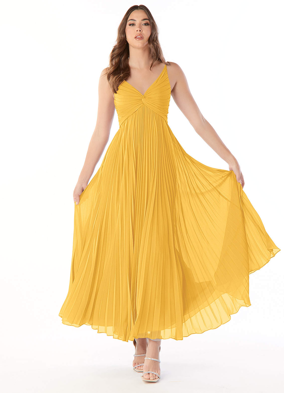 Azazie Raychelle Bridesmaid Dresses Marigold A-Line V-Neck Chiffon Dress image1