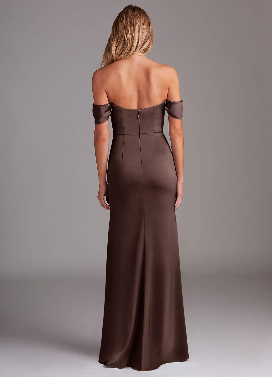 Azazie Saige Bridesmaid Dresses Ganache Sheath Off the Shoulder Stretch Satin Dress image9
