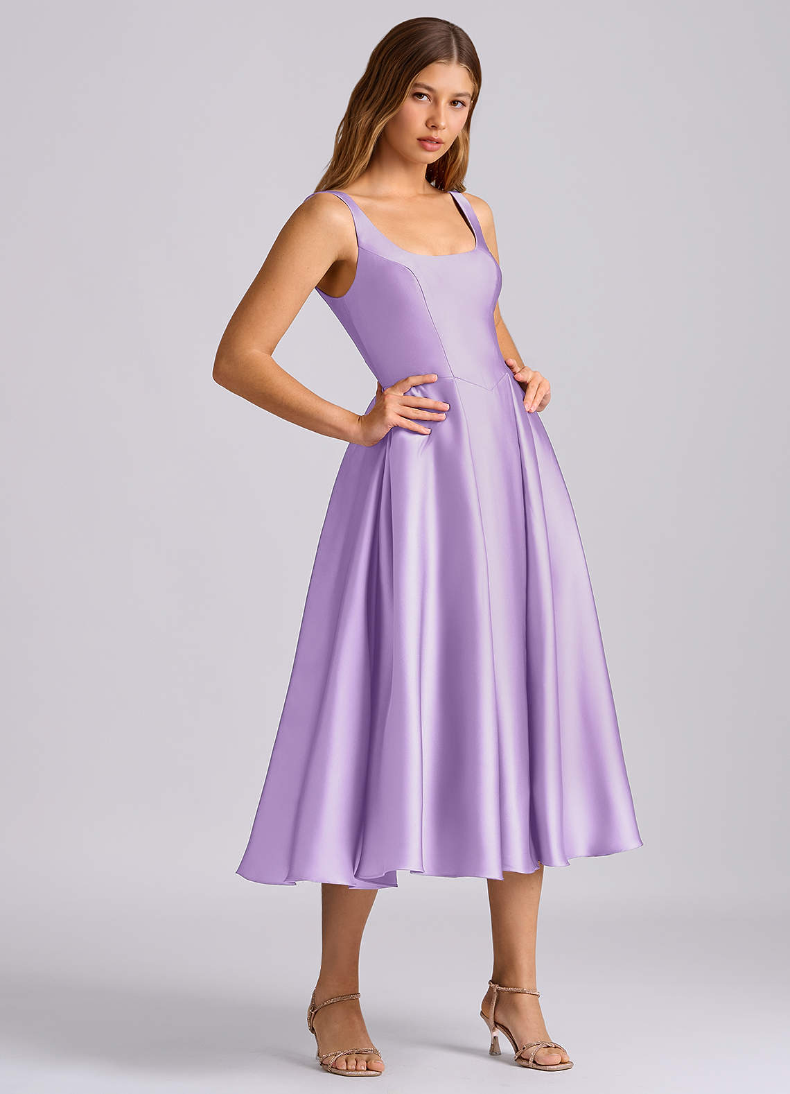 Azazie A-Line Square Neck Tea-Length Stretch Satin Bridesmaid Dresses - Lilac Azazie A-Line Square Neck Tea-Length Stretch Satin Bridesmaid Dresses - Lilac