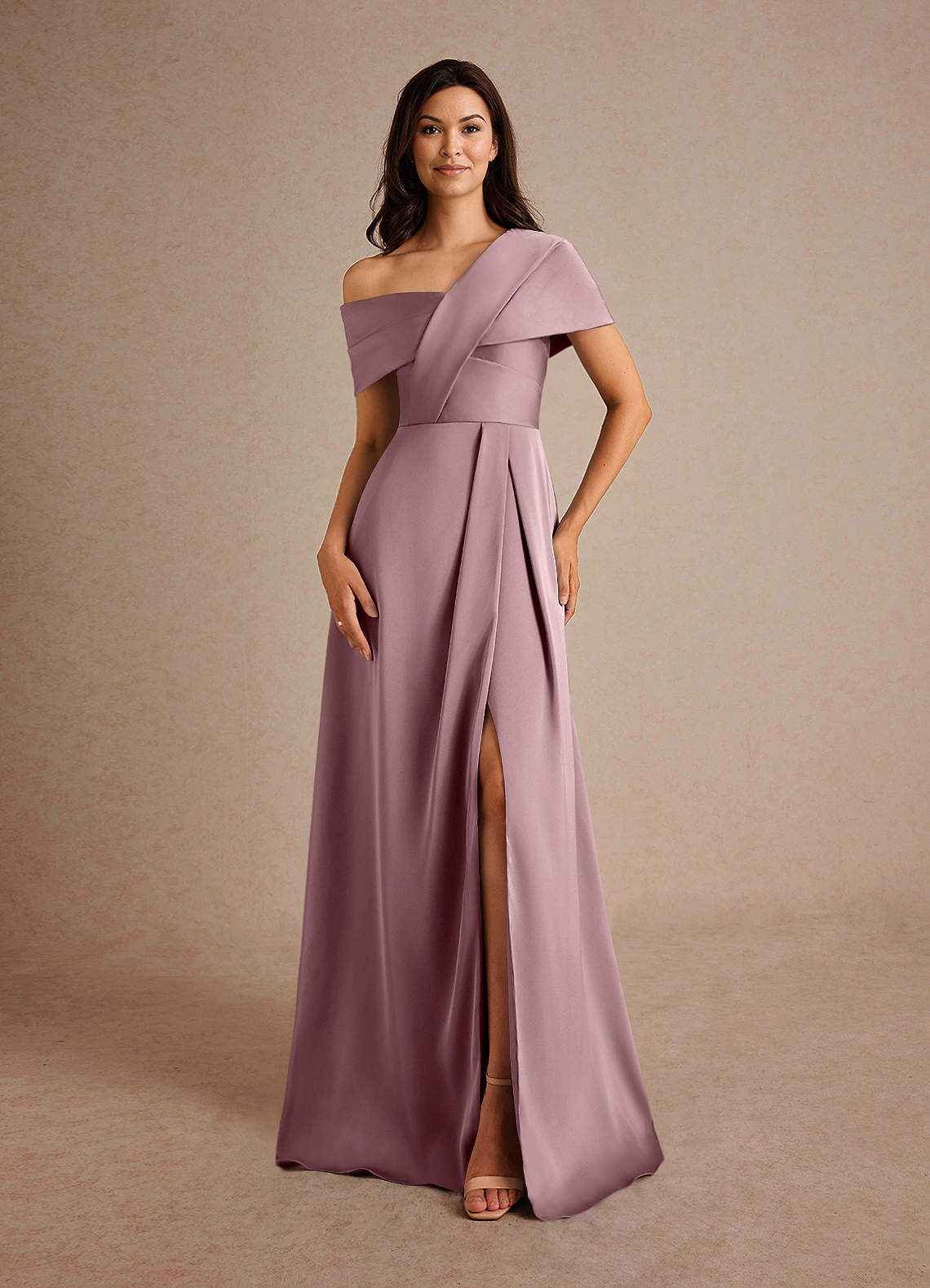 Azazie Milton Mother of the Bride Dresses Dusty Rose A-Line Pleated Stretch Satin Dress image4