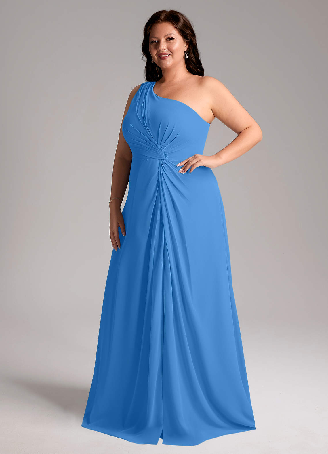 Azazie Brooke Vestidos de damas de honor Vestido de Azul Grisaceo de Gasa de Corte en A con Hombro unilateral image11