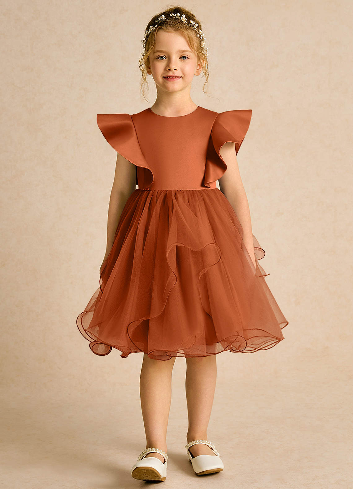 Azazie Chirp Robe Demoiselle D'honneur Fillette Robe Princesse en Tulle Orange Brûlée image1