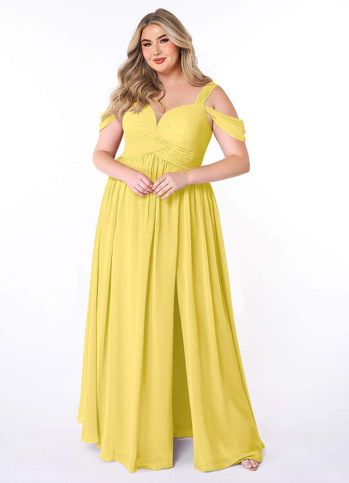 Azazie Lianne Bridesmaid Dresses Canary A-Line Off the Shoulder Chiffon Dress image1