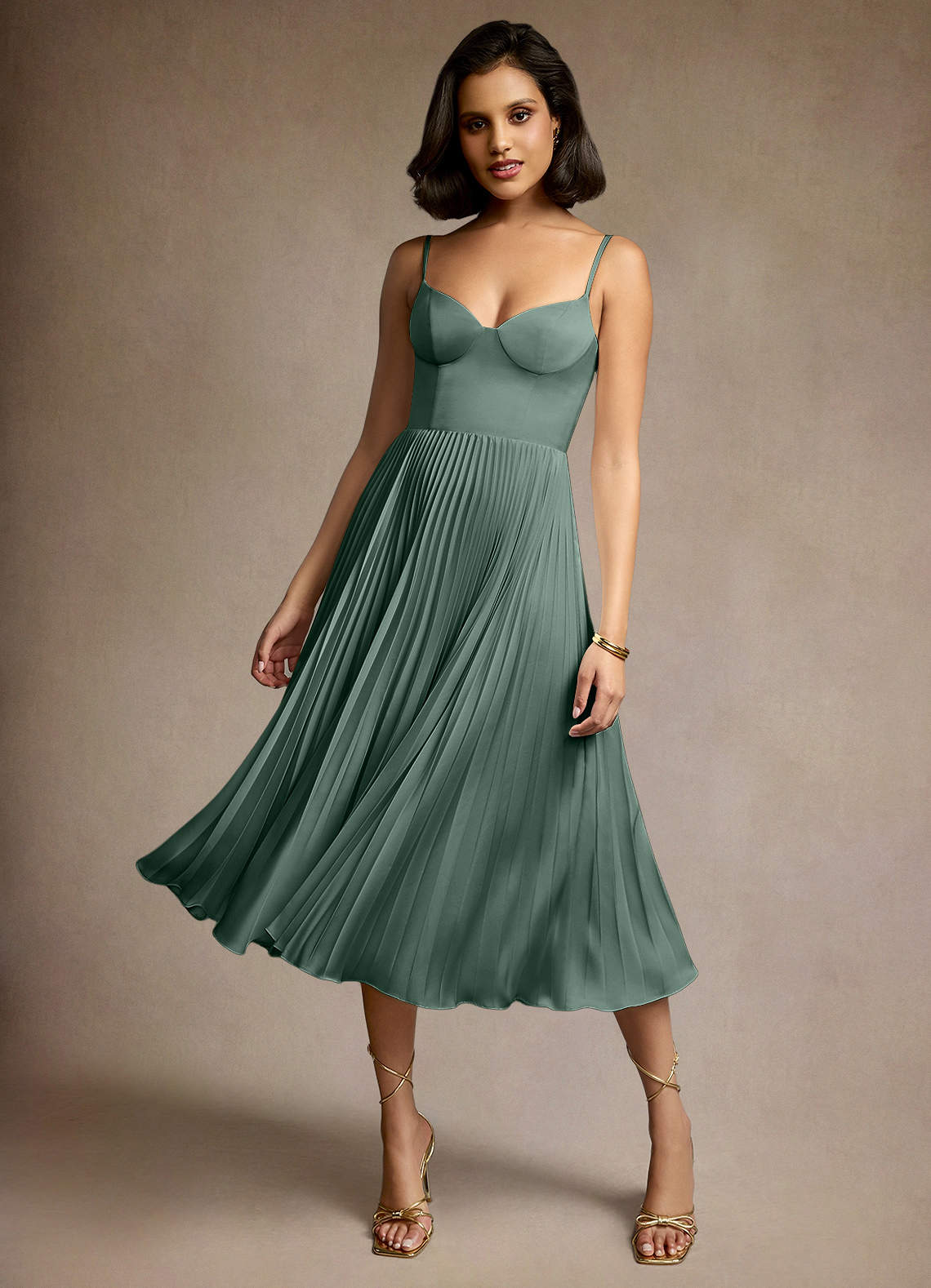 Dulcie Eucalyptus Pleated Midi Dress Ready to Ship | Azazie