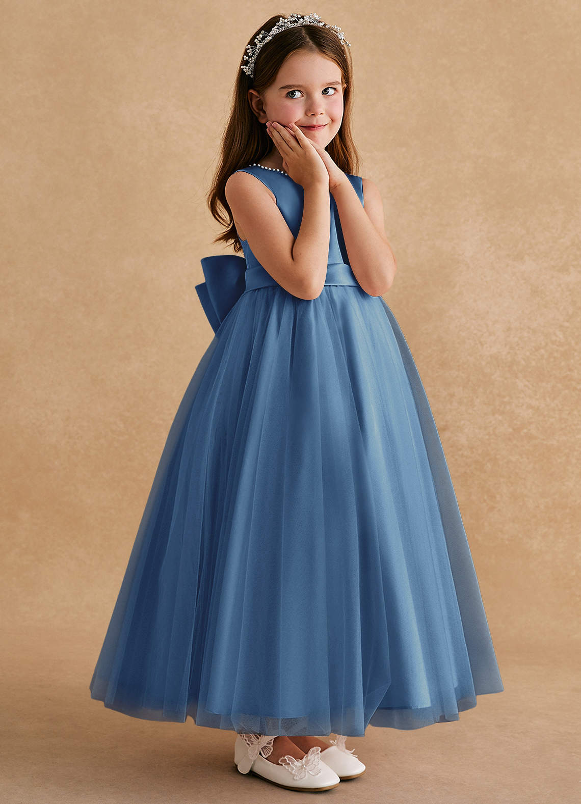 Azazie Cookie Flower Girl Dresses Steel Blue A-Line Bow Tulle Dress image2