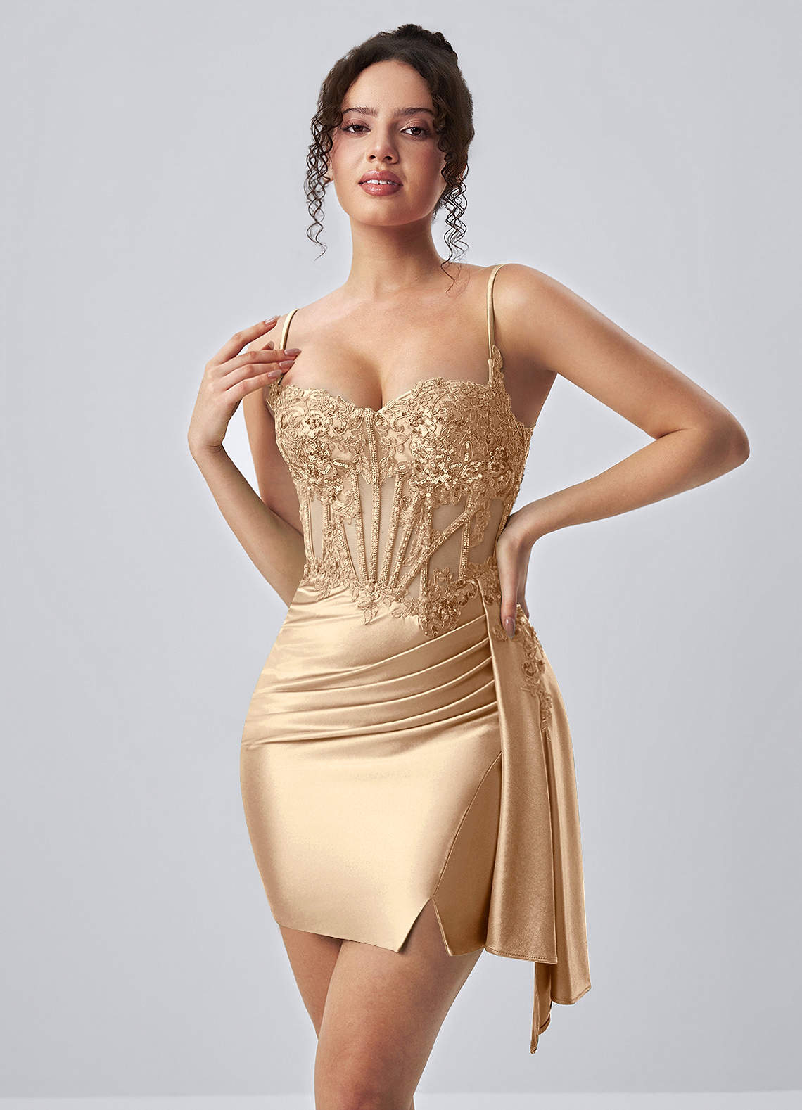 Calisthenia Champagne Stretch Satin Corset Lace Rhinestones Mini Dress