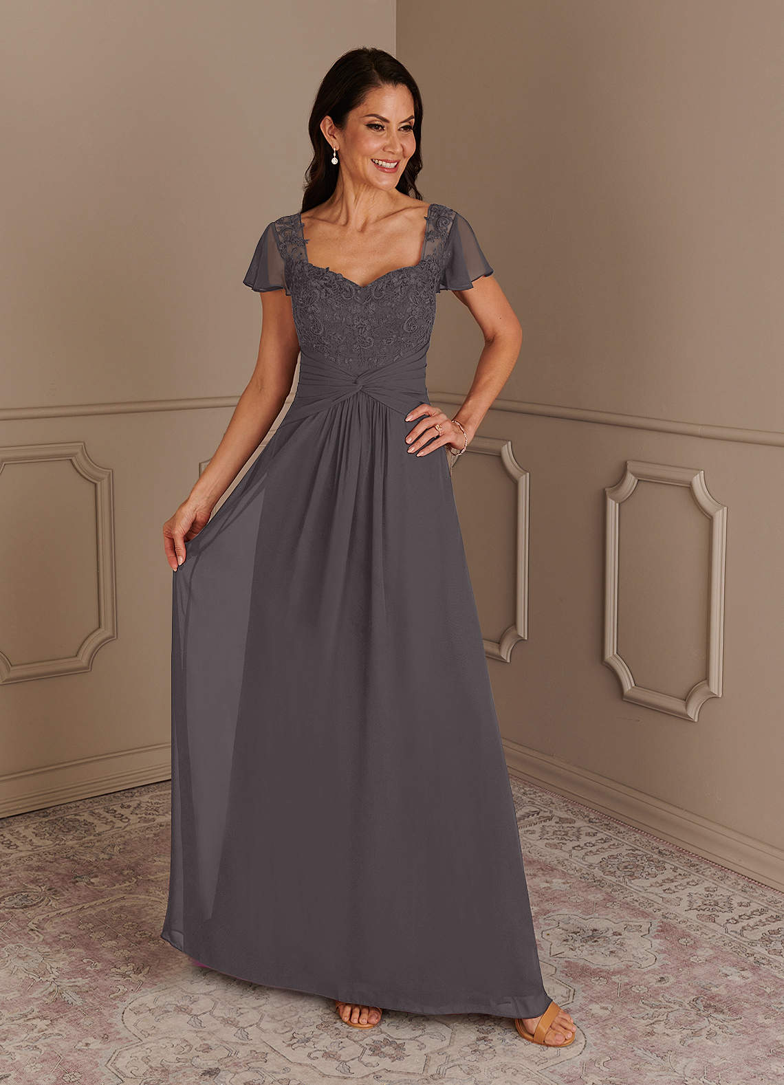 Azazie Gwenyth Mother of the Bride Dresses Steel Grey A-Line Lace Chiffon Dress image1