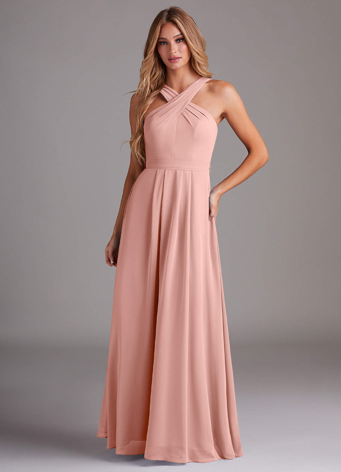 Azazie Dixie Bridesmaid Dresses Rosette A-Line Halter Pleated Chiffon Dress image1