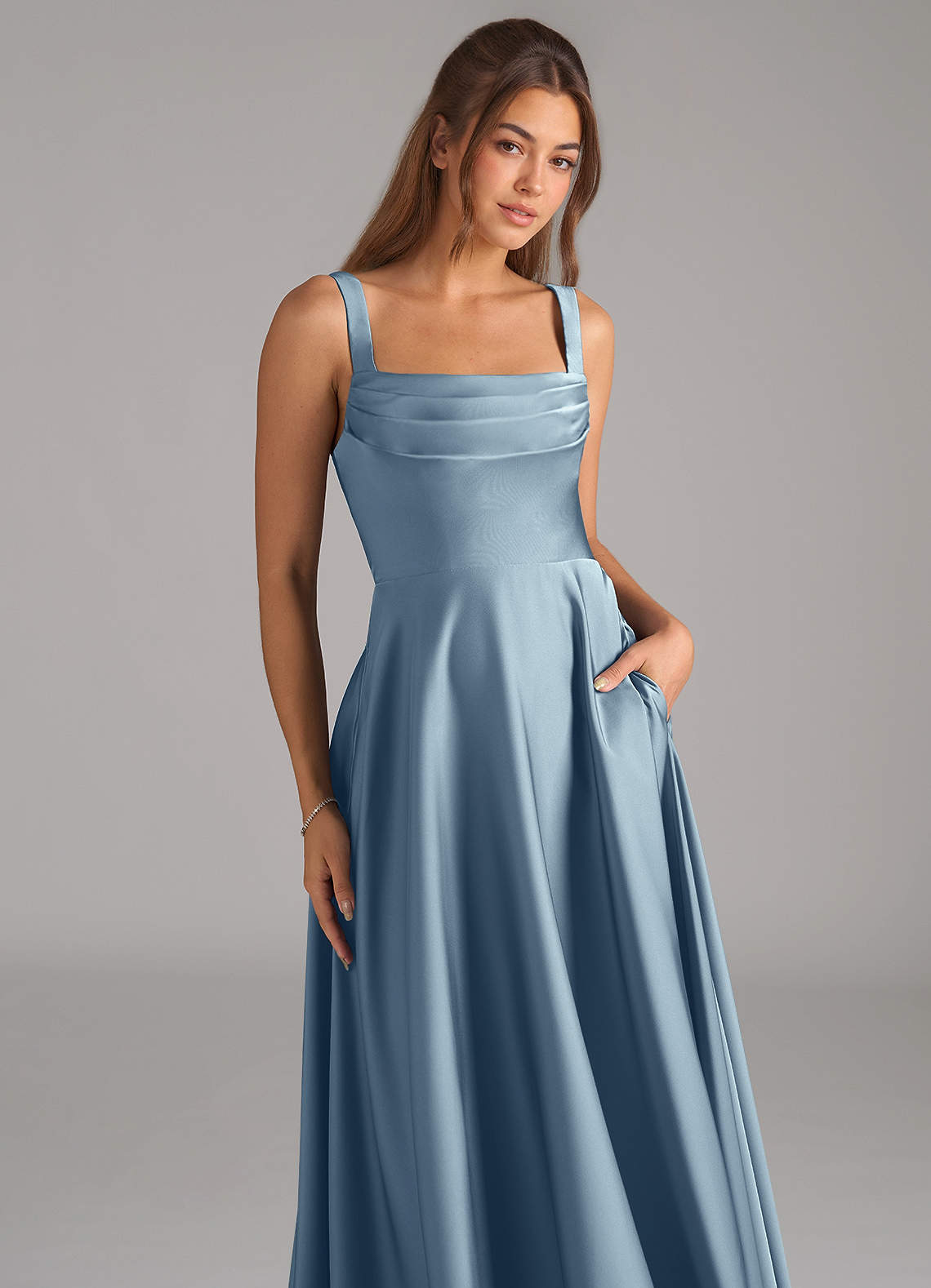 Azazie Shaude Bridesmaid Dresses Dusty Blue A-Line Pleated Stretch Satin Dress image1