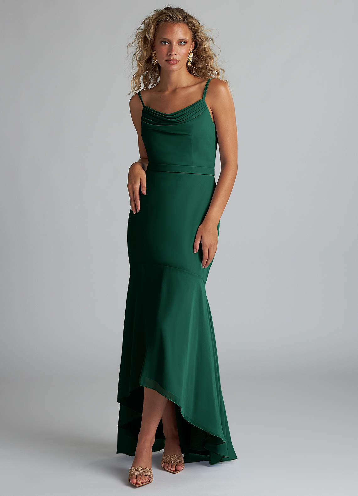 Azazie Summer Bridesmaid Dresses Emerald Mermaid Scoop Cowl Chiffon Dress image1