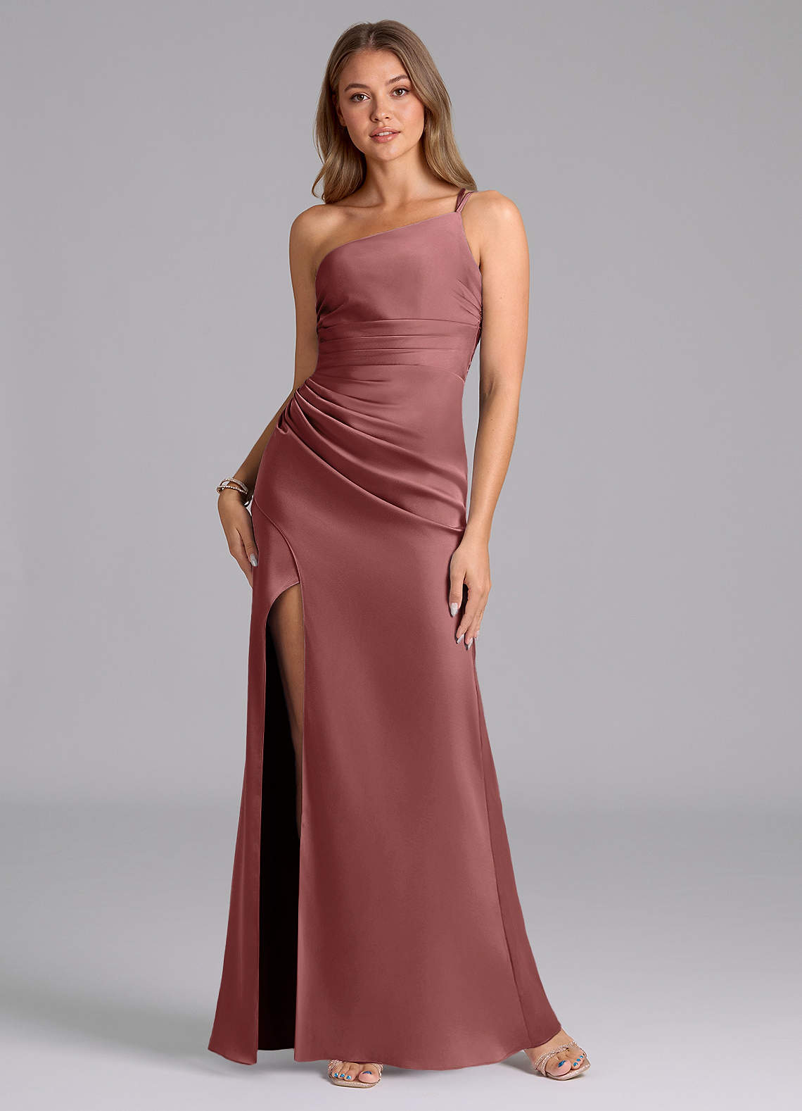 Azazie Eren Bridesmaid Dresses Amethyst Mermaid One Shoulder Stretch Satin Dress image1
