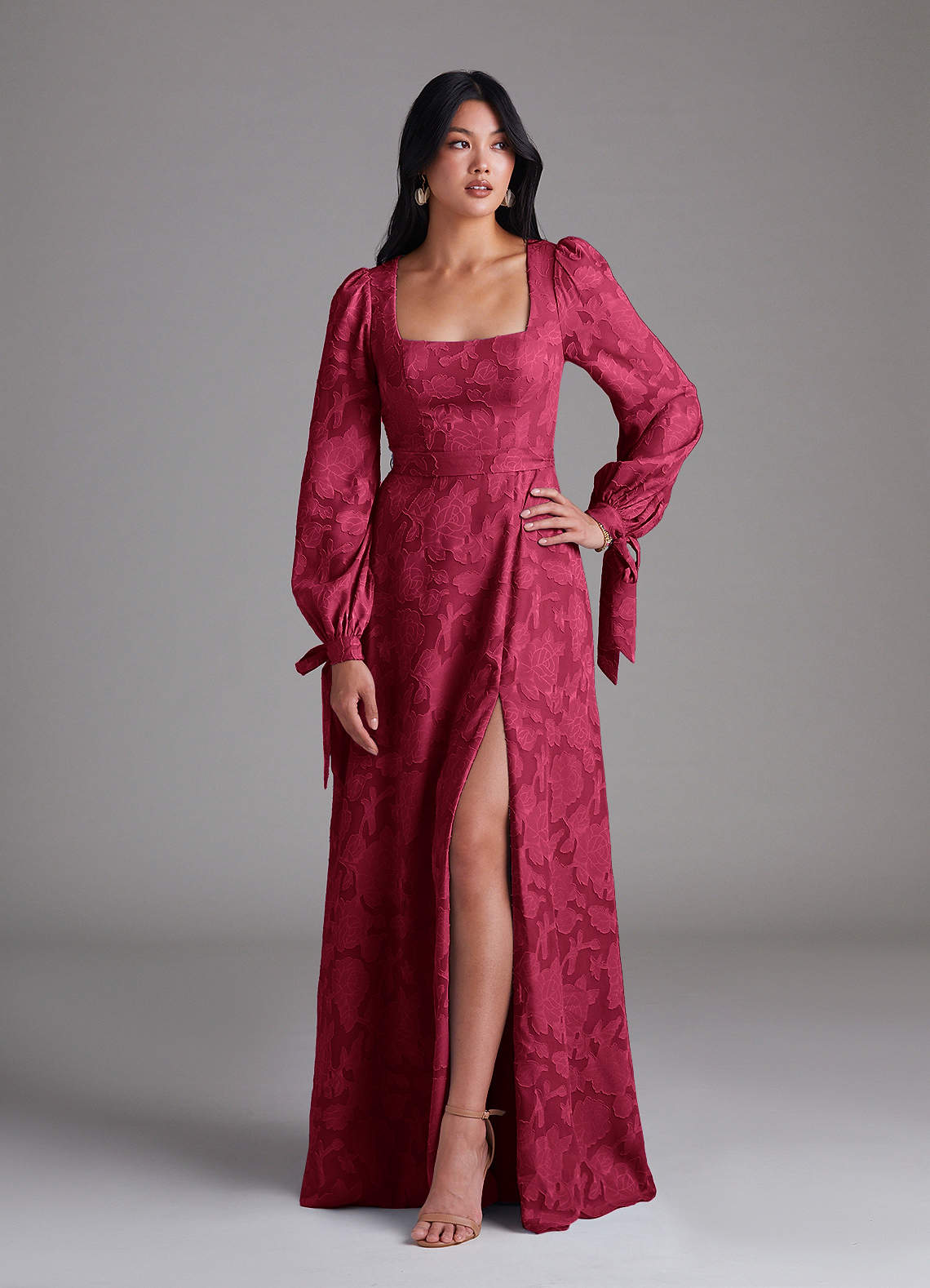 Azazie Leonia Bridesmaid Dresses Burgundy A-Line Long Sleeve Floral Burnout Dress image1