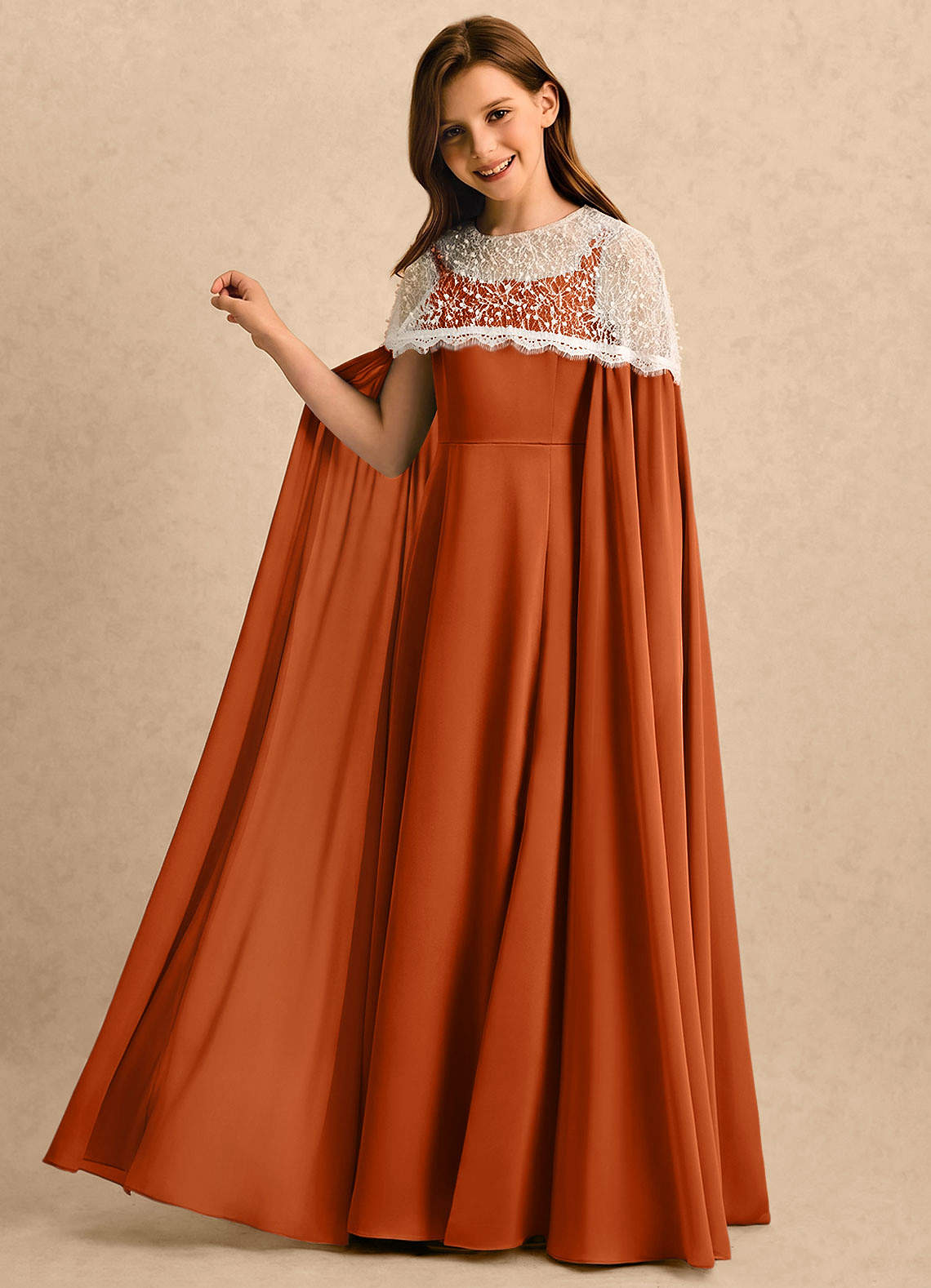 lace burnt orange dress Azazie June Girls Formal Burnt Orange A-Line Lace Stretch Satin Dress