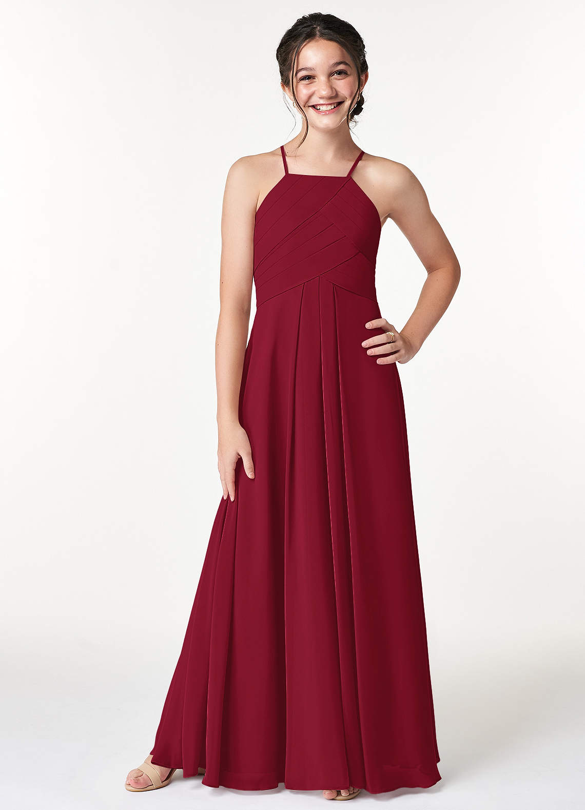 Azazie Ginger Junior Burgundy A-Line Pleated Chiffon Dress image1