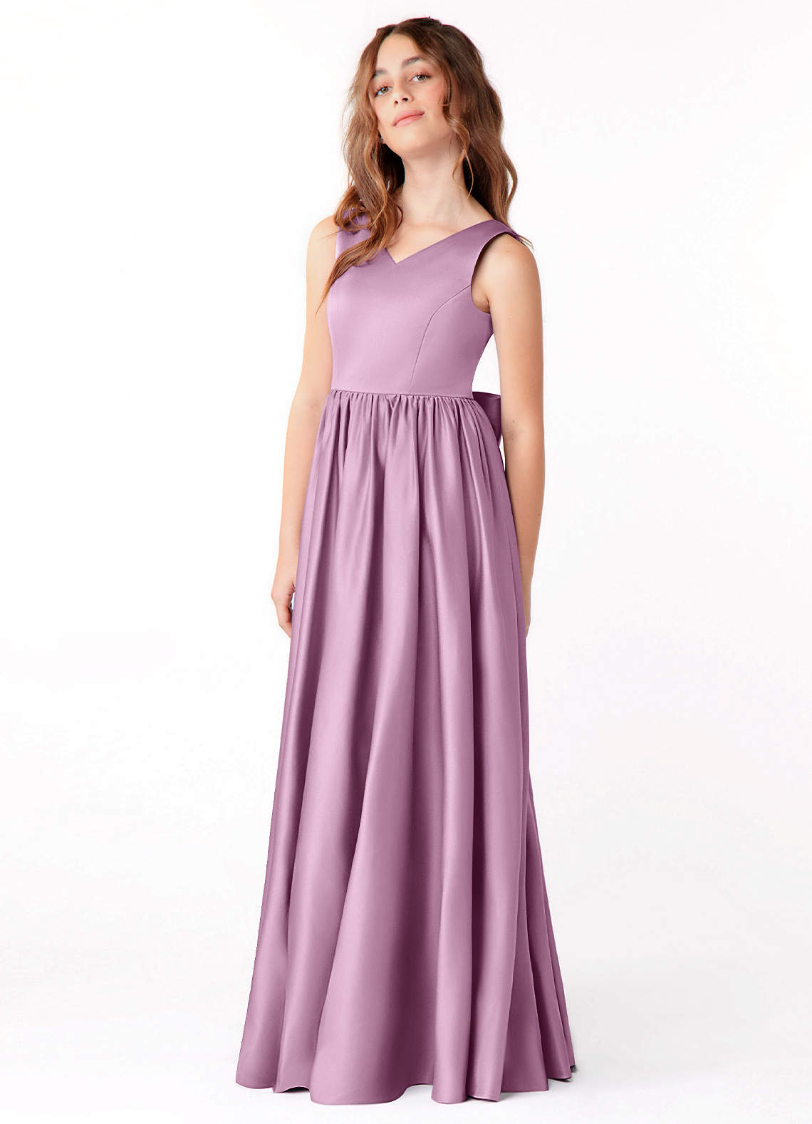 Azazie Hathaway Junior Wisteria A-Line Bow Stretch Satin Dress image3