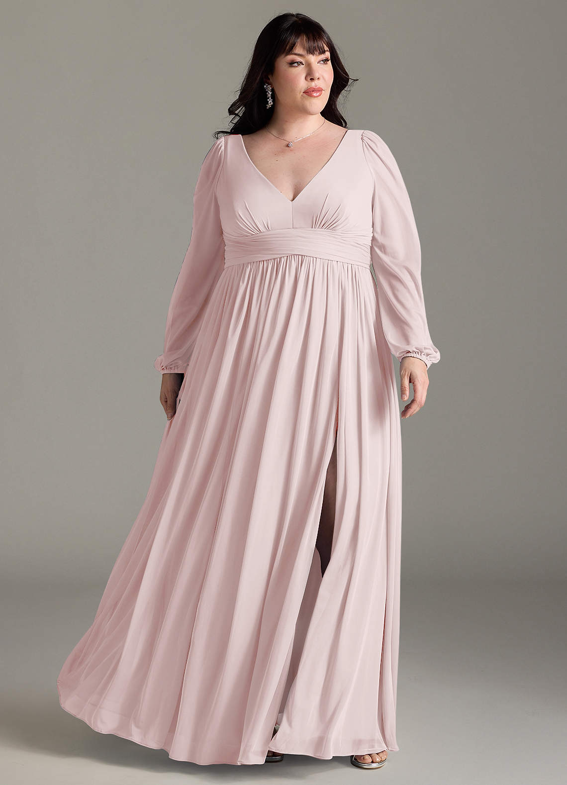 Azazie Norah Bridesmaid Dresses Blushing Pink A-Line V-Neck Long Sleeve Chiffon Dress image1