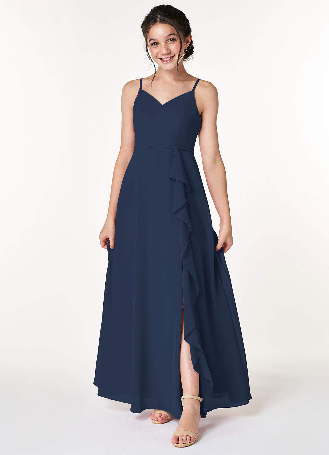 Azazie Naeem Junior Dark Navy A-Line Ruched Chiffon Dress image1