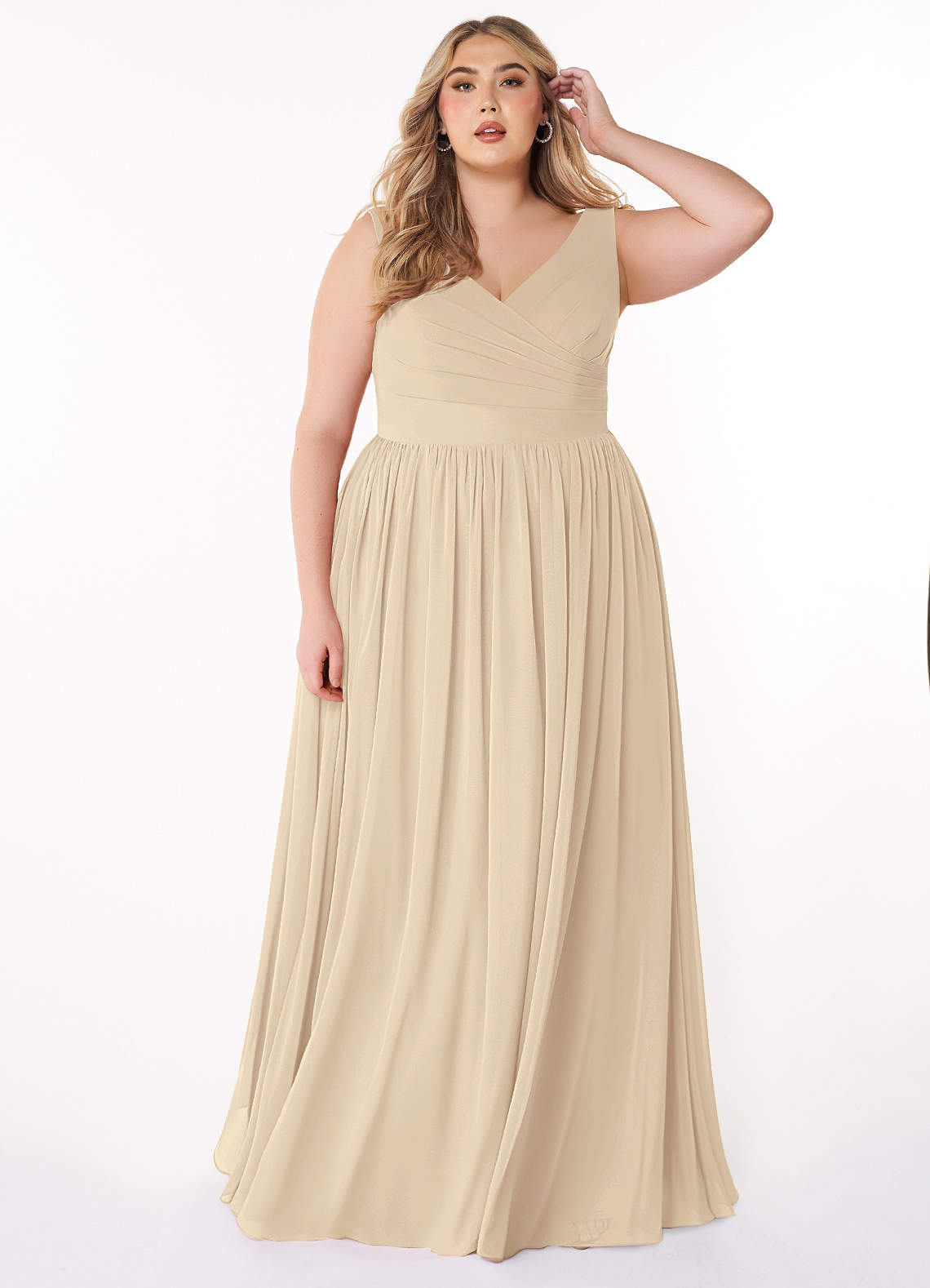 Azazie Keyla Bridesmaid Dresses Champagne A-Line V-Neck Pleated Chiffon Dress image1