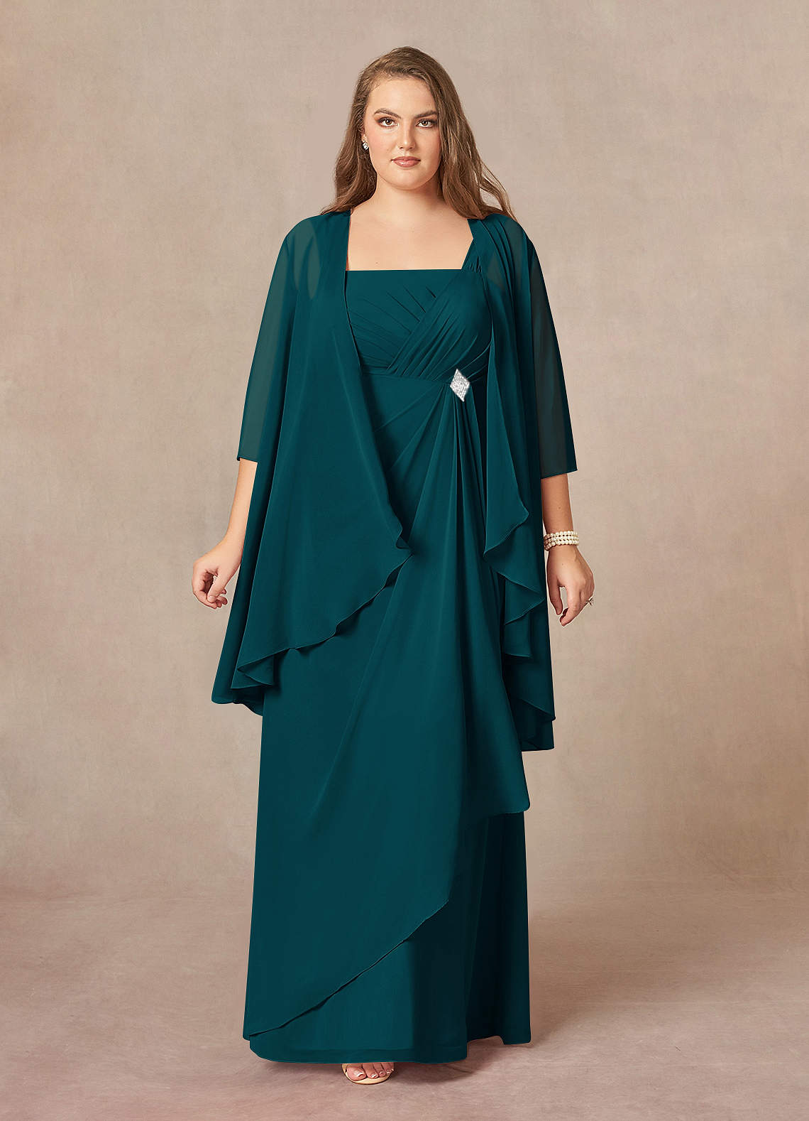 Azazie Weisz Mother of the Bride Dresses Pine A-Line Square Neckline Pleated Chiffon Dress image6