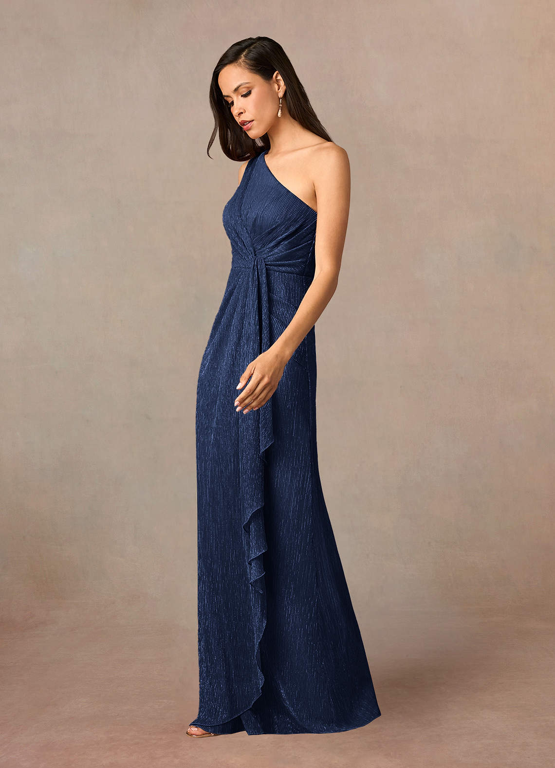 Azazie Theresa Dark Navy Sheath One Shoulder Metallic Mesh Dress