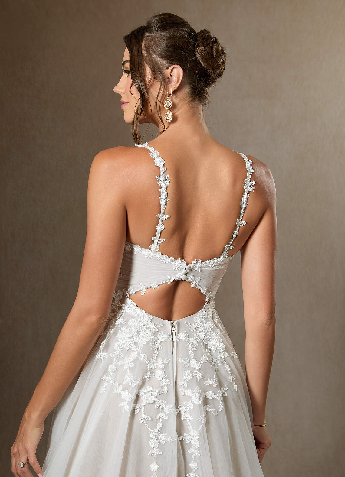 Azazie Devi At-home Try On Dresses Diamond White A-Line V-Neck Lace Tulle Dress image6