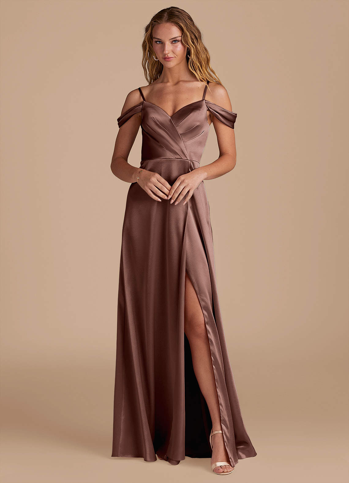 Azazie Ocean Ready to Ship Espresso Metallic Satin Bridesmaid Dresses |  Azazie