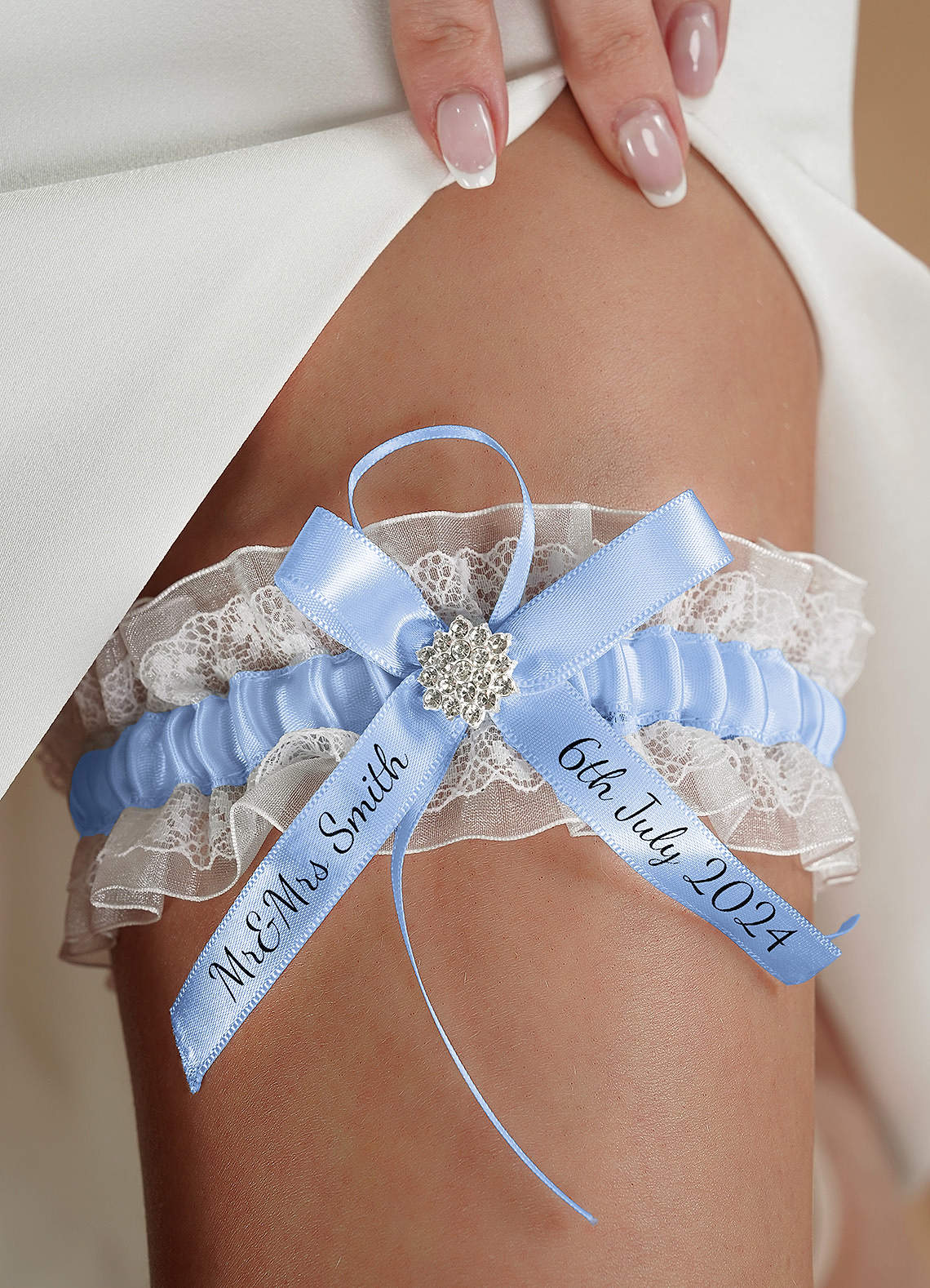 front Personalized Lace Blue Wedding Garter