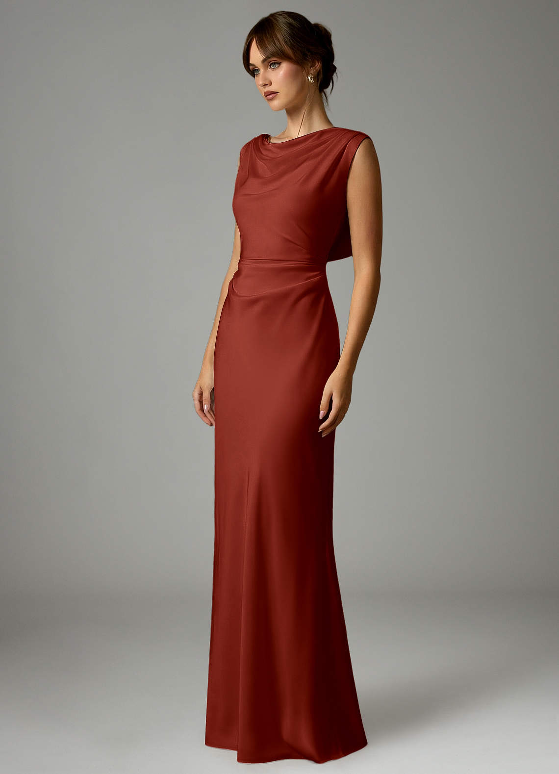 Azazie Kieryn Robes de demoiselle d'honneur Robe Sirène en Satin extensible Plissée Terracotta image2