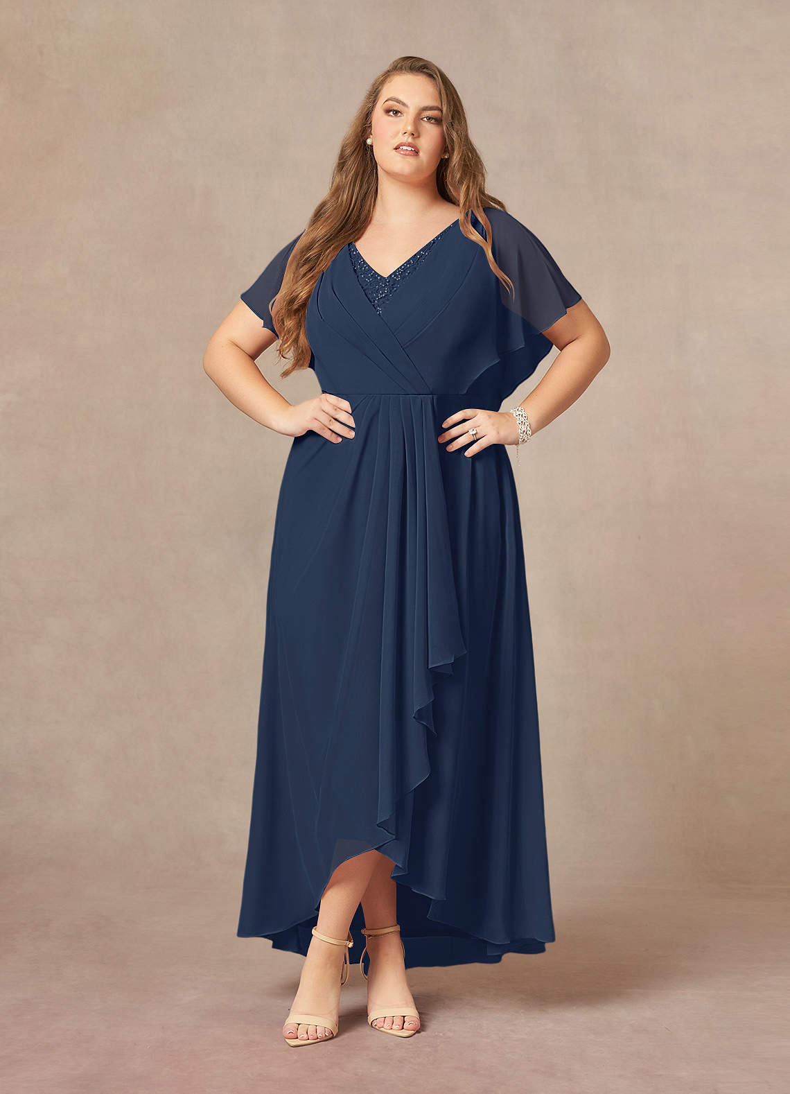 Azazie Eliza Mother of the Bride Dresses Dark Navy A-Line V-Neck Pleated Chiffon Dress image1